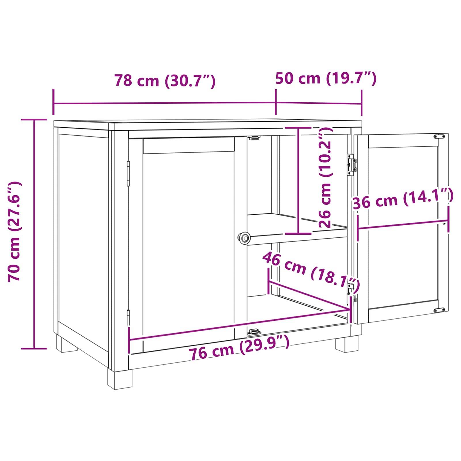 Technische Zeichnung eines Schranks mit offenen Türen, Maße: 70 cm Höhe, 78 cm Breite, 50 cm Tiefe. Innere Einlegeböden: 46 cm und 26 cm hoch.