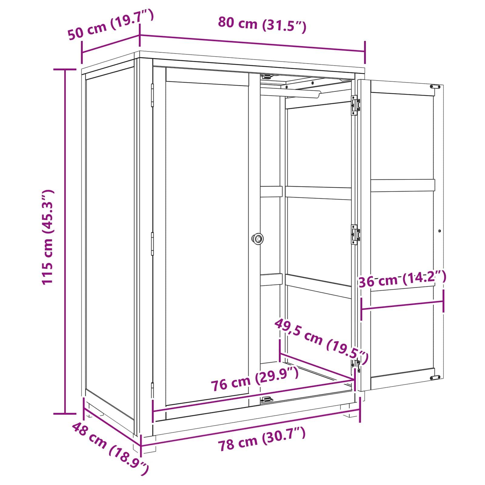 Ein offener Schrank mit beschrifteten Abmessungen: 115 cm hoch, 80 cm breit und 50 cm tief. Interne Maße sind 76 cm Breite und 78 cm Tiefe.