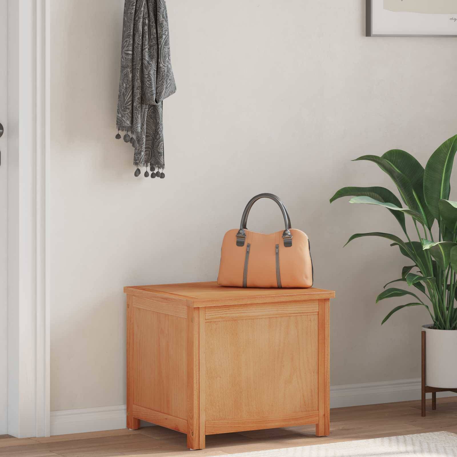 Eine hölzerne Bank mit einem Stauraum beherbergt eine orangefarbene Handtasche. Ein grauer Schal hängt an der Wand, und eine grüne Pflanze ist in der Nähe.