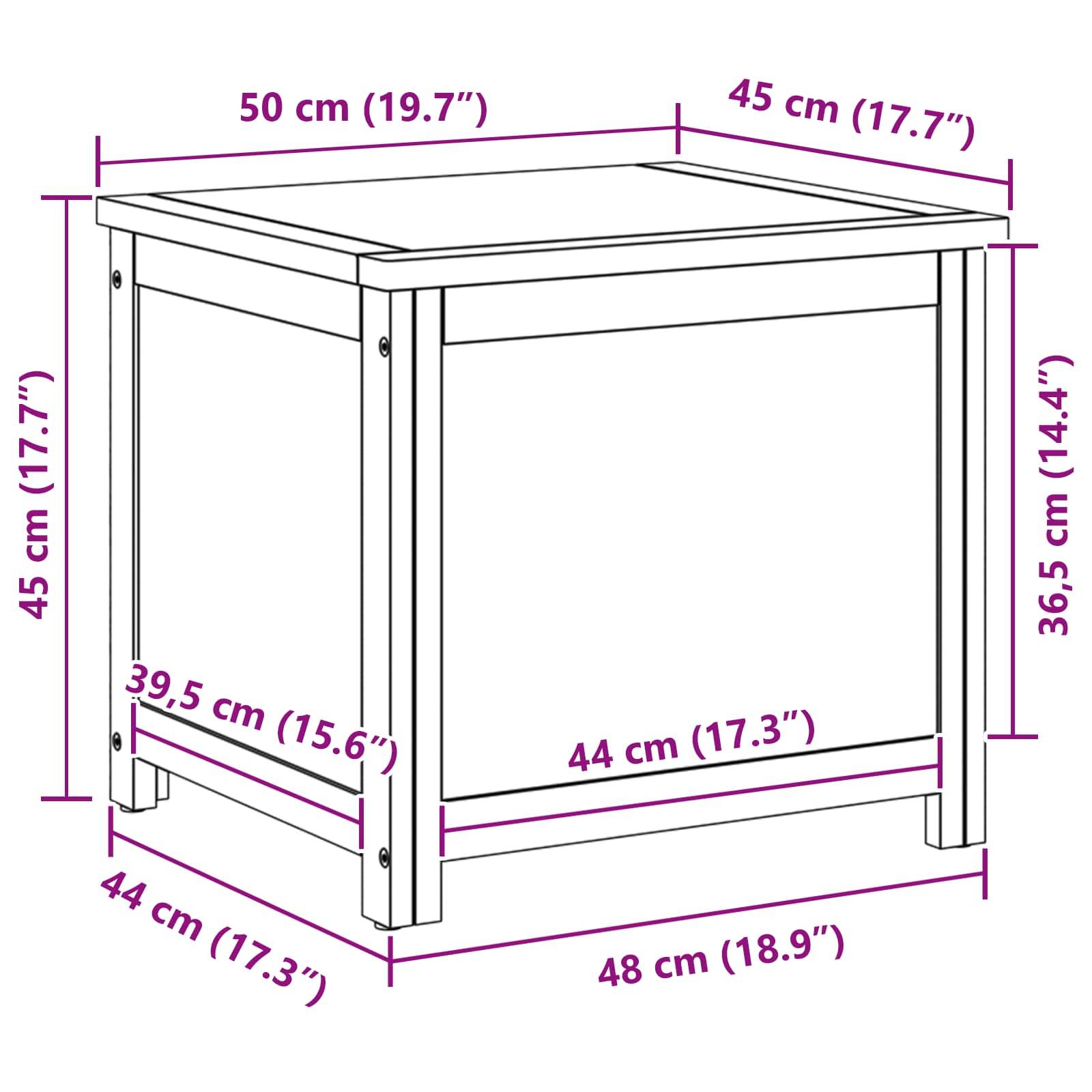 Eine schematische Zeichnung eines Holztisches mit Maßangaben: Breite 50 cm, Tiefe 48 cm und Höhe 45 cm. Höhe des Innenregals 36,5 cm.