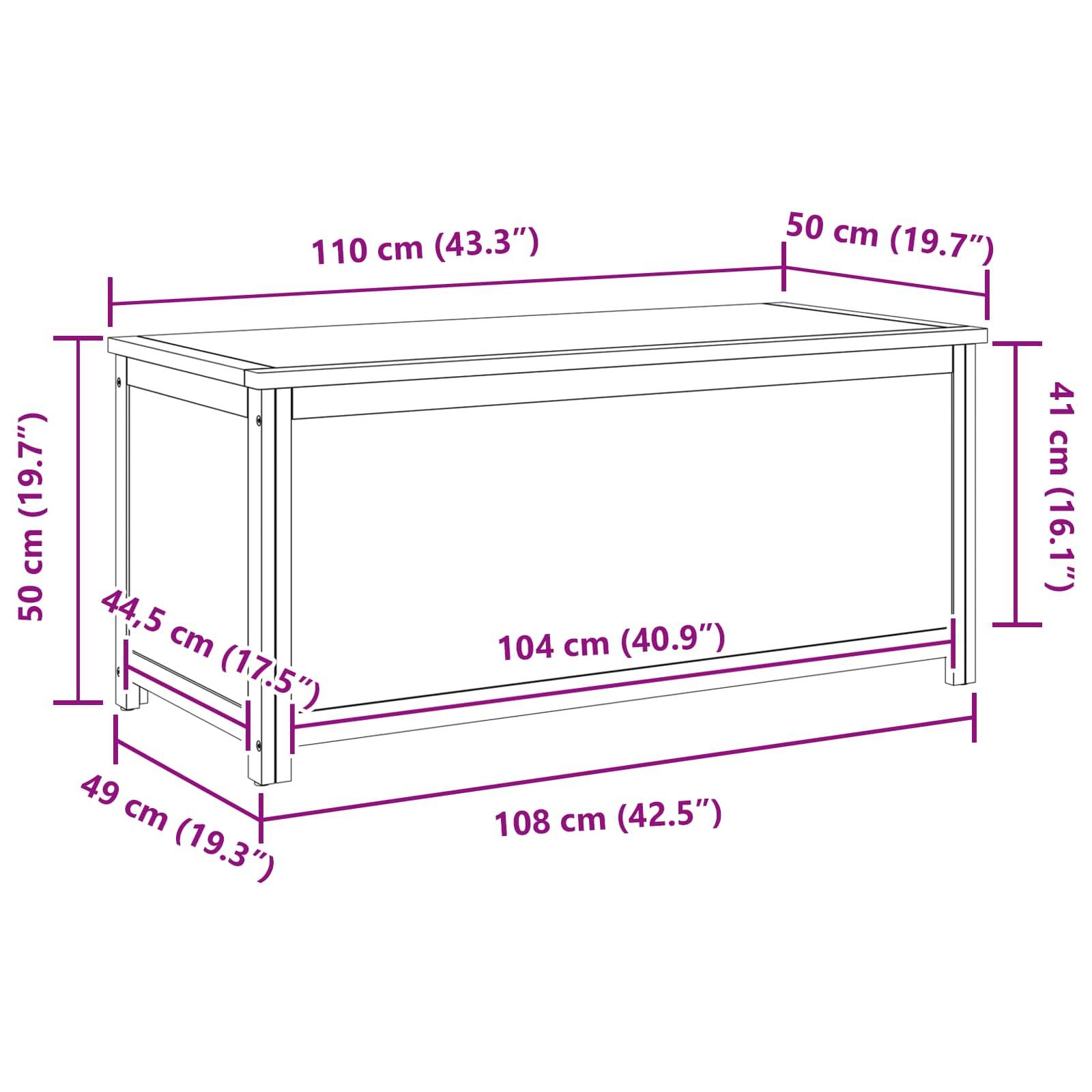 Eine Skizze eines Tisches mit Maßen: Höhe 50 cm, Breite 110 cm, Tiefe 50 cm. Zusätzliche Messungen umfassen eine Beinhöhe von 44,5 cm und eine Breite von 104 cm.