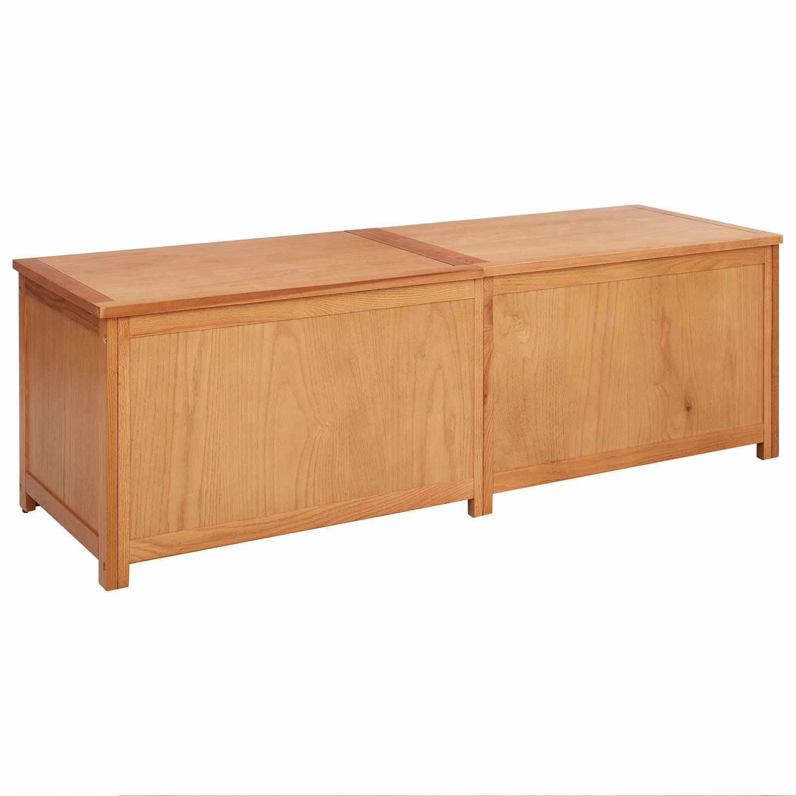 Eine Holz-Aufbewahrungsbank mit einem schlichten, rechteckigen Design und einer glatten Oberfläche. Sie verfügt über zwei klappbare Deckel für den Zugang zum Stauraum.