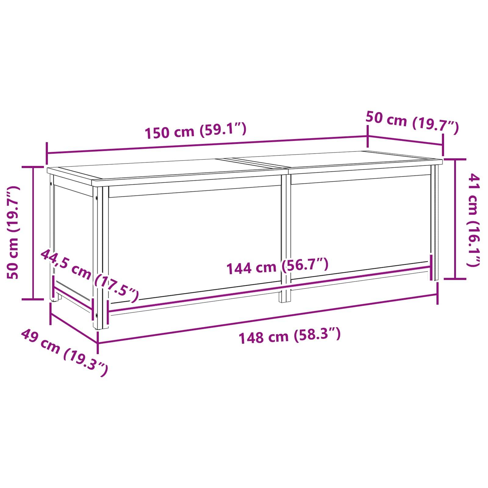 Abmessungen eines rechteckigen Tisches: Höhe 41 cm, Tiefe 50 cm, Breite 150 cm. Innenmaße: 44,5 cm hoch, 148 cm breit, 49 cm tief.