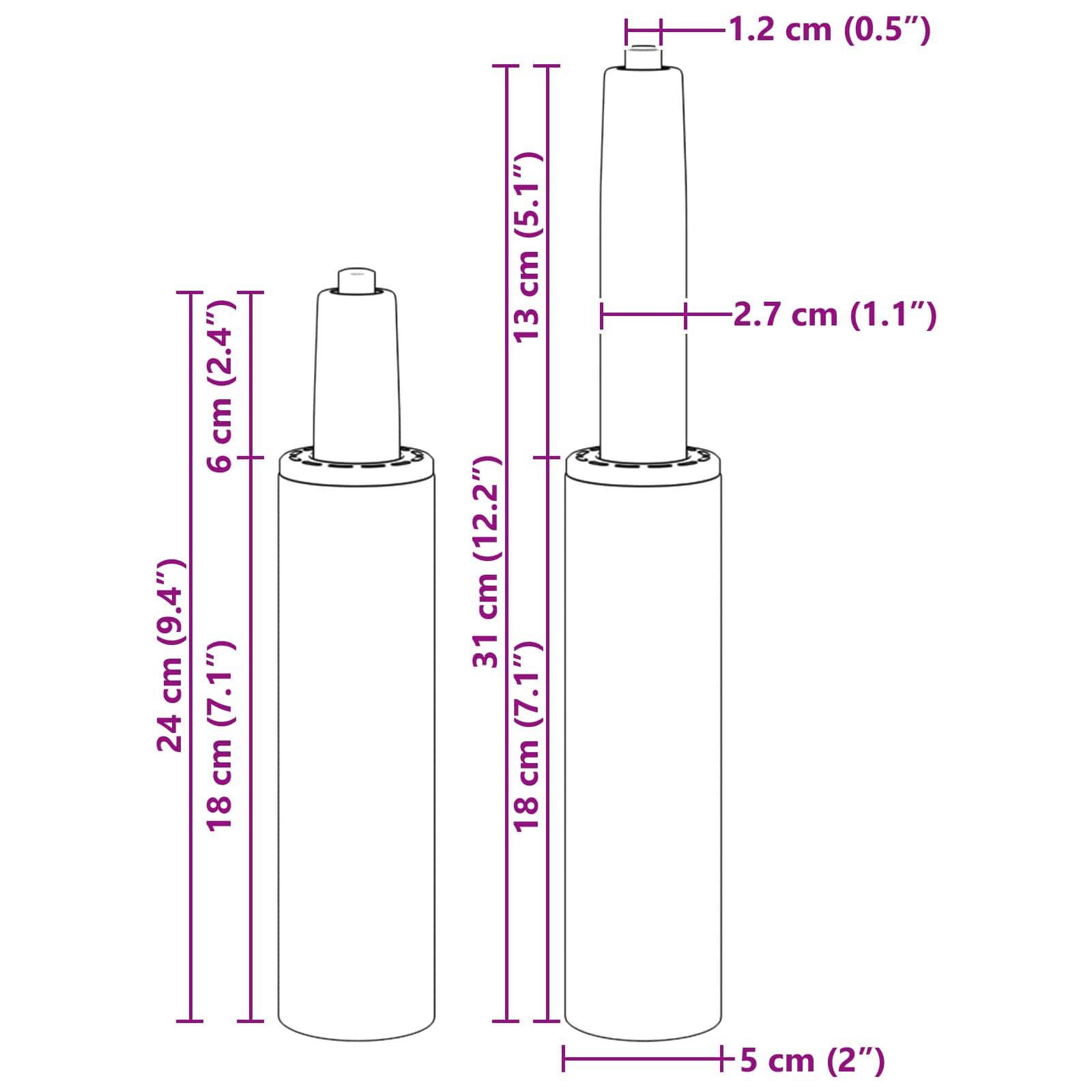 Darstellung von zwei walzenförmigen Objekten, beide mit einer Basislänge von 18 cm, die Höhen von 31 cm bzw. 24 cm aufweisen. Die oberen Abschnitte messen 2,7 cm und 1,2 cm.