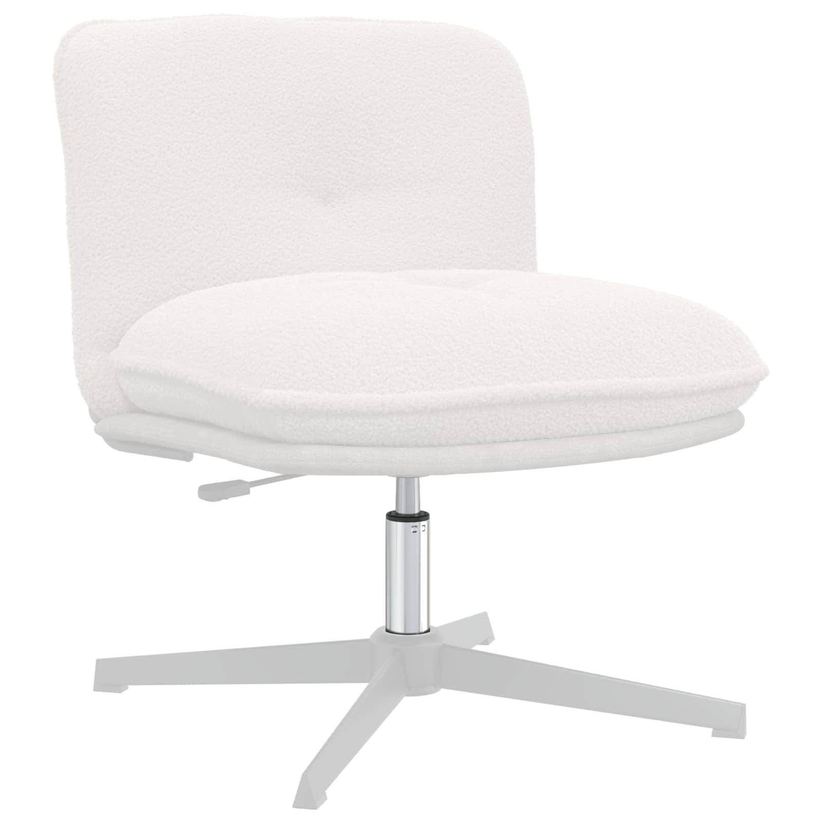 Ein weißer, moderner, gepolsterter Drehstuhl mit gepolstertem Sitz und Rückenlehne auf einer silbernen Metallbasis mit vier Beinen.