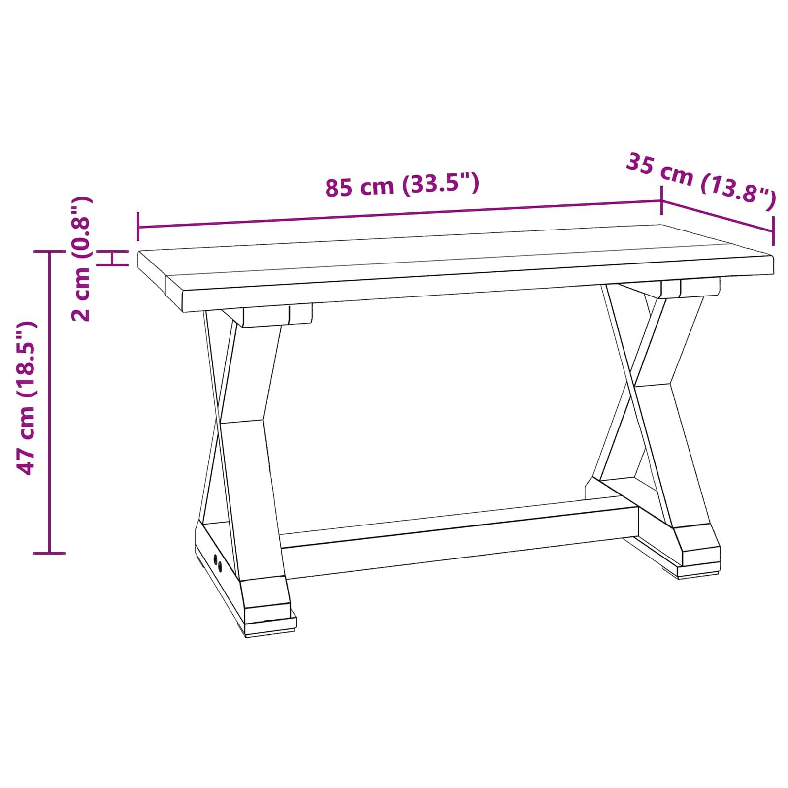 Ein Diagramm eines rechteckigen Tisches mit Maßen: Höhe 47 cm, Breite 85 cm, Tiefe 35 cm. Dicke der Tischplatte 2 cm.