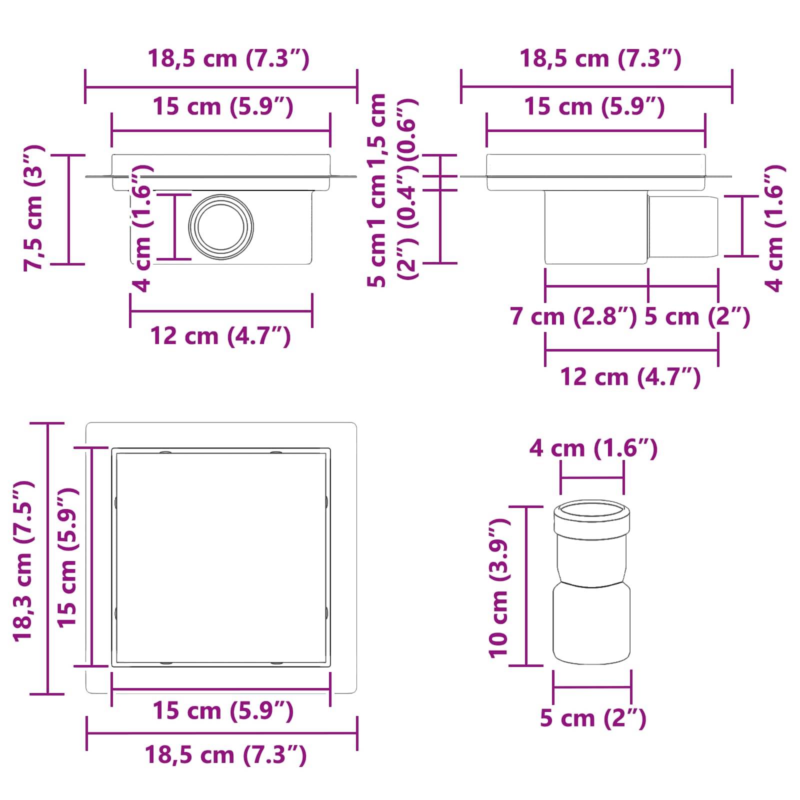 Die Abbildung zeigt Maße für ein Produkt mit verschiedenen Ansichten: Draufsicht, Seitenansicht und Unterseite. Die Schlüsselmessungen sind in Zentimetern und Zoll angegeben.