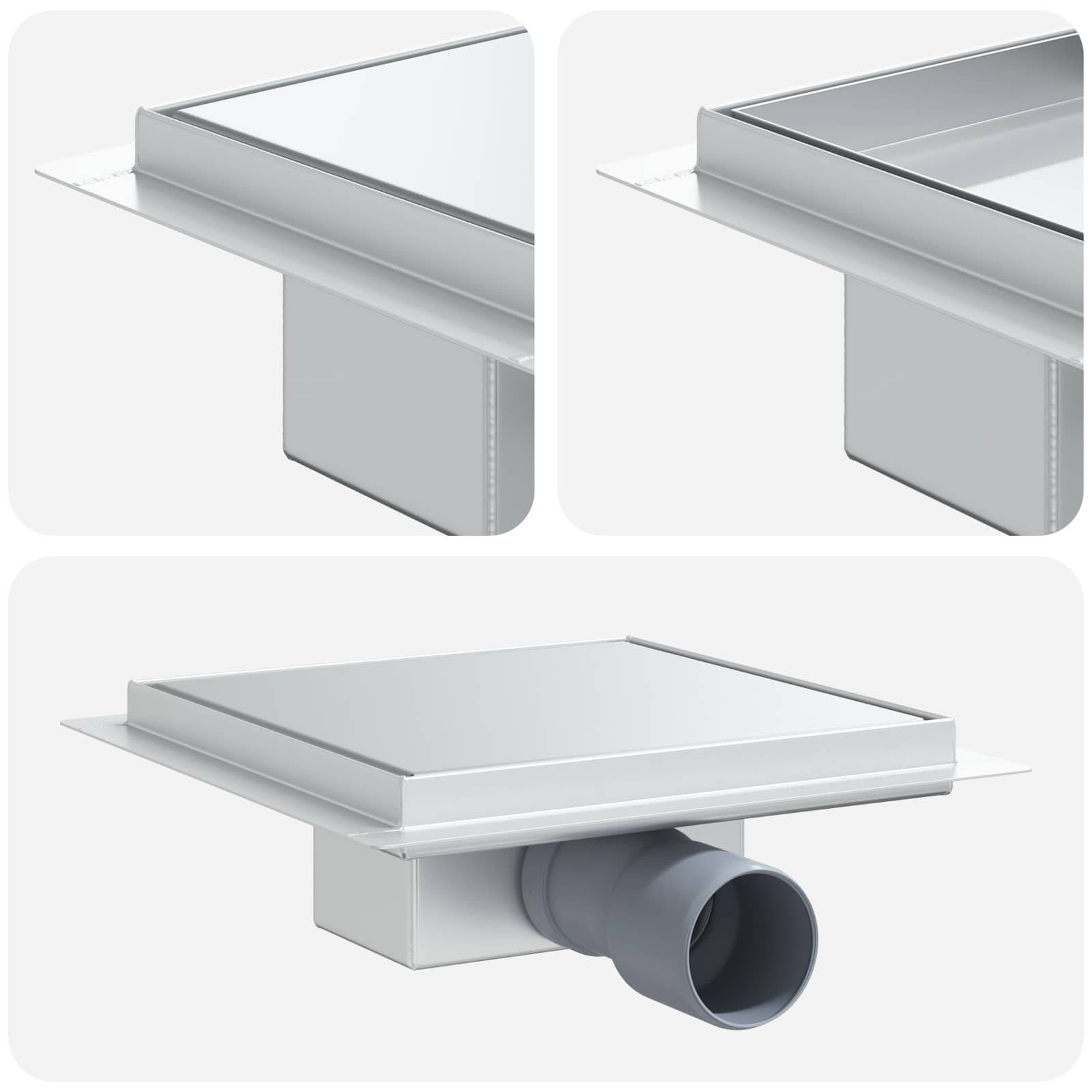 Drei Bilder, die einen silbernen Lüftungsschacht in verschiedenen Perspektiven zeigen: oben links, oben rechts und von vorne mit angeschlossenem grauen Rohr.