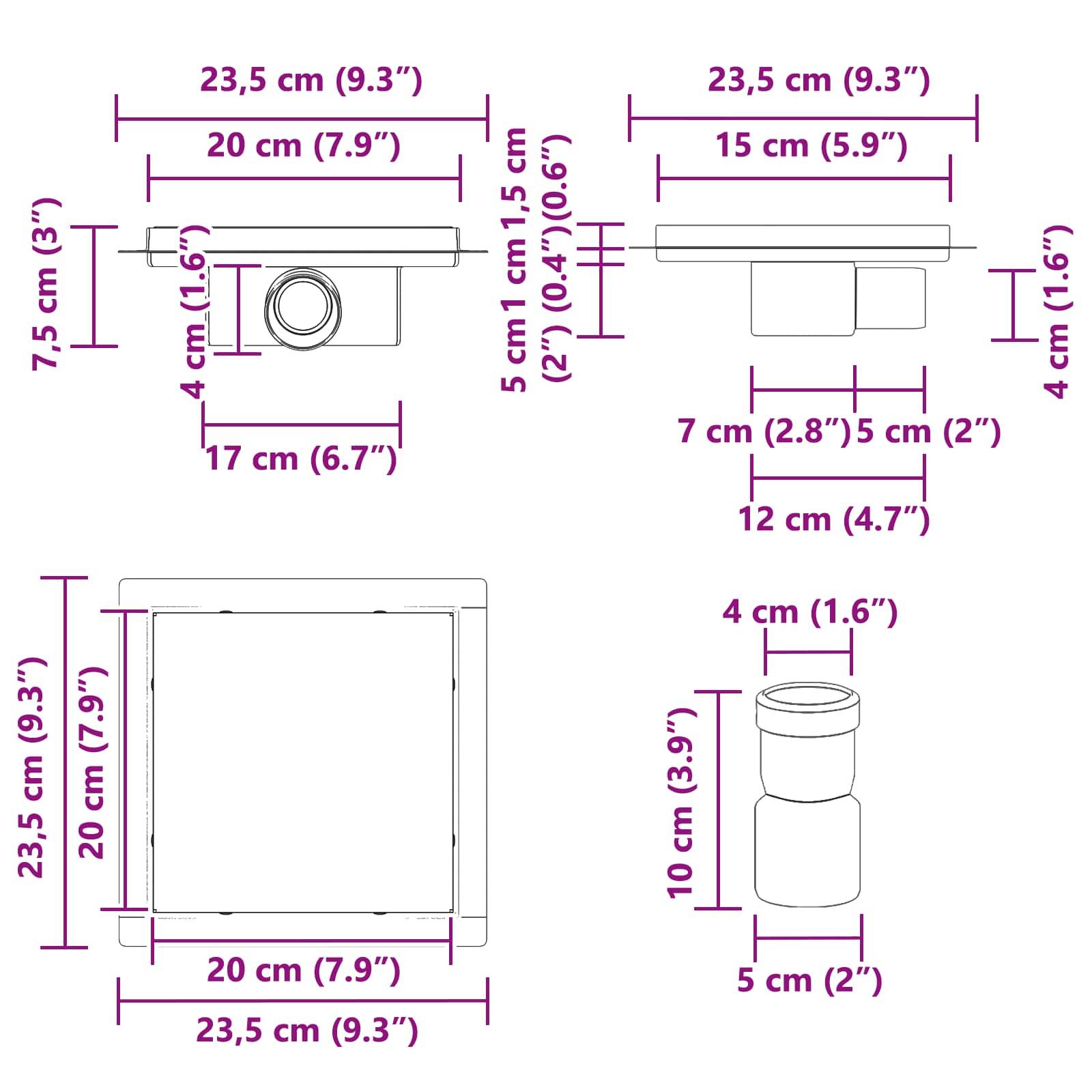 Diagramme, die die Abmessungen eines Geräts mit Seiten-, Ober- und Unteransichten zeigen. Wichtige Maße umfassen Breite, Höhe und Tiefe in Zentimetern und Zoll.