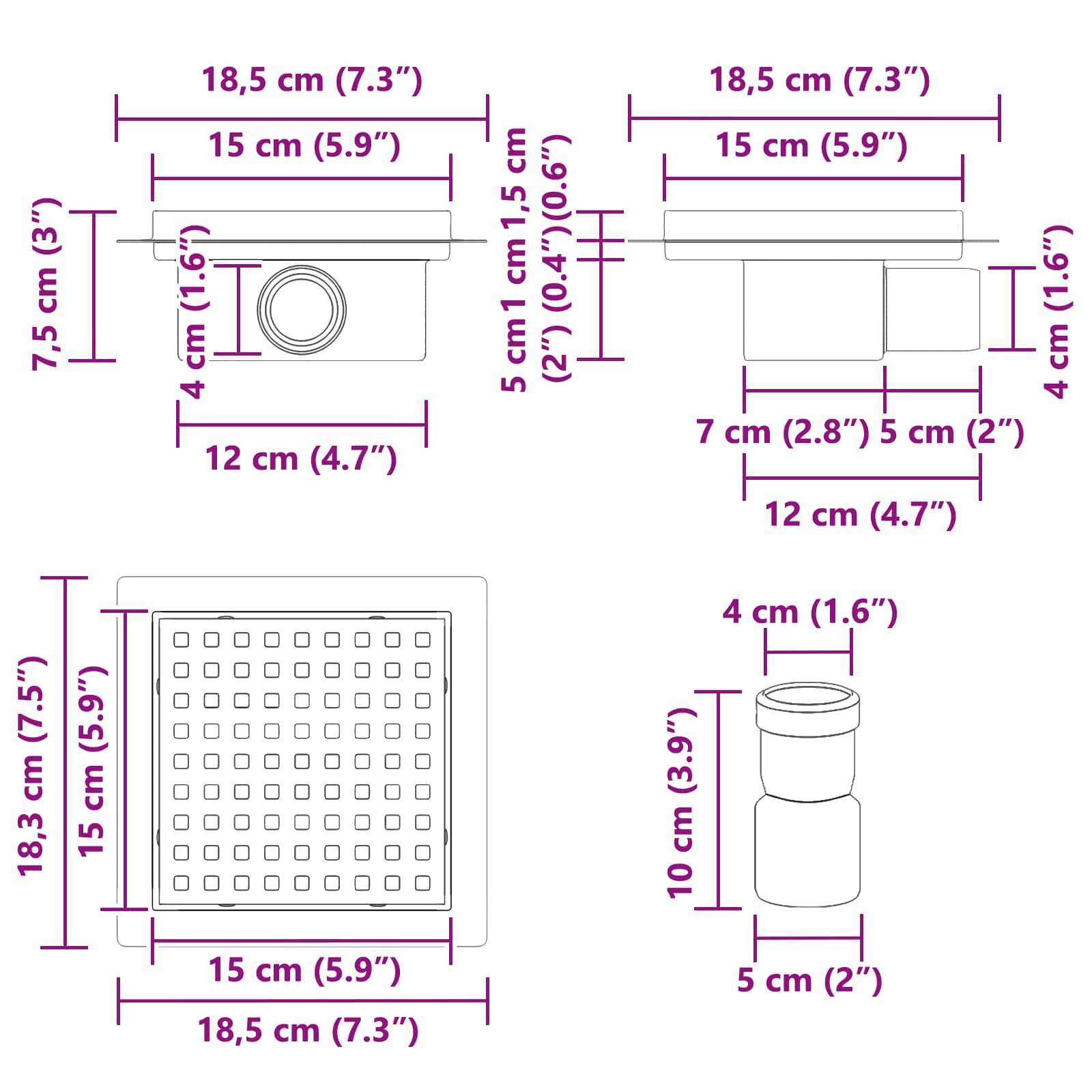 Quadratische Bodenablauf-Installationszeichnung mit Abmessungen: 18,5 cm Seitenlänge, 4 cm Höhe. Rohrhöhenoptionen: 4 cm oder 10 cm.