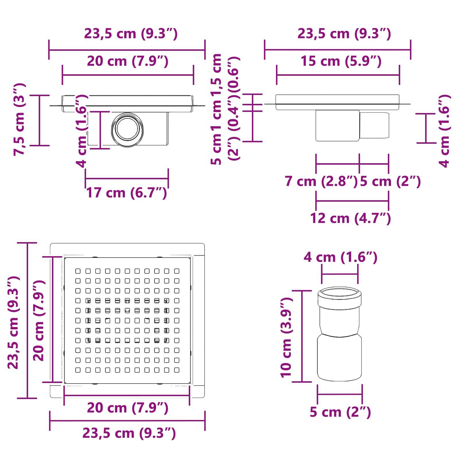 Diagramm mit Abmessungen eines Abflussdeckels und Rohres, einschließlich Breite (23,5 cm), Länge (20 cm) und verschiedenen Höhen (4 cm bis 10 cm).