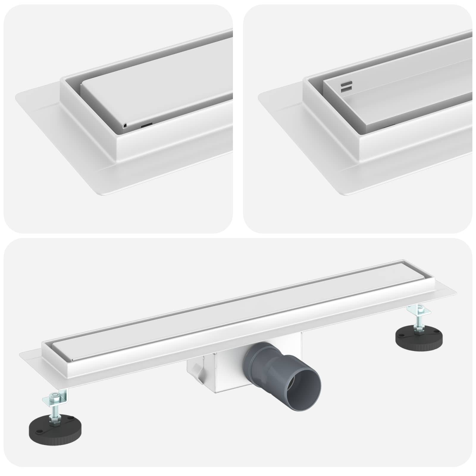 Rechteckiges Entwässerungssystem mit verstellbaren Stützen und einer zentralen Rohrleitung. Nahaufnahme zeigt einen abnehmbaren Rost und seitliche Öffnungen für den Wasserablauf.