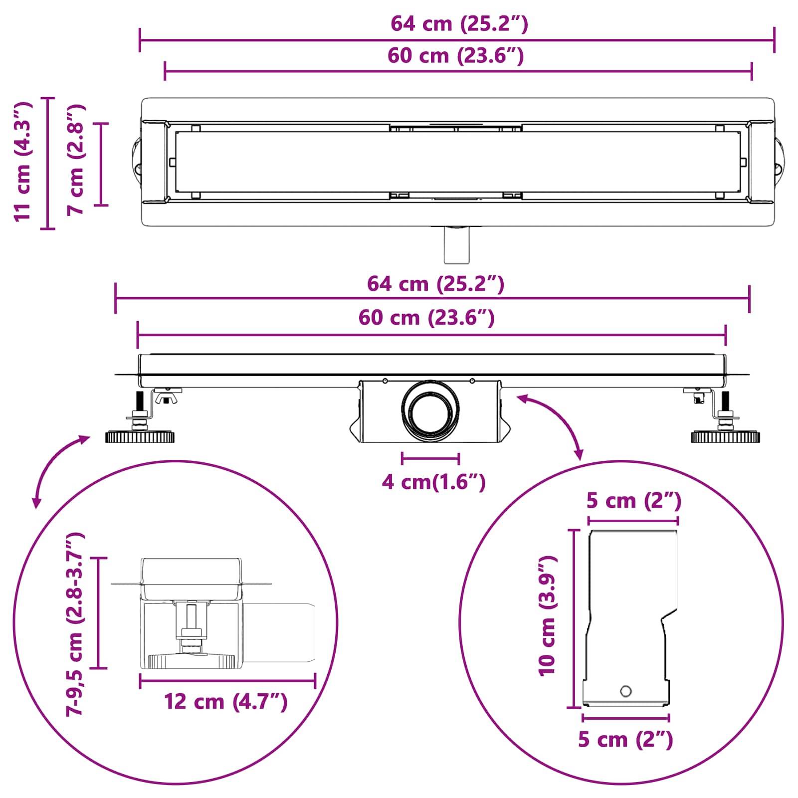 Technische Zeichnung eines Produkts mit einer Breite von 64 cm und einer Höhe von 11 cm, mit detaillierten Seitenansichten, die eine Höhe von 4 cm, eine Breite von 25,2 cm und andere dimensionale Details zeigen.