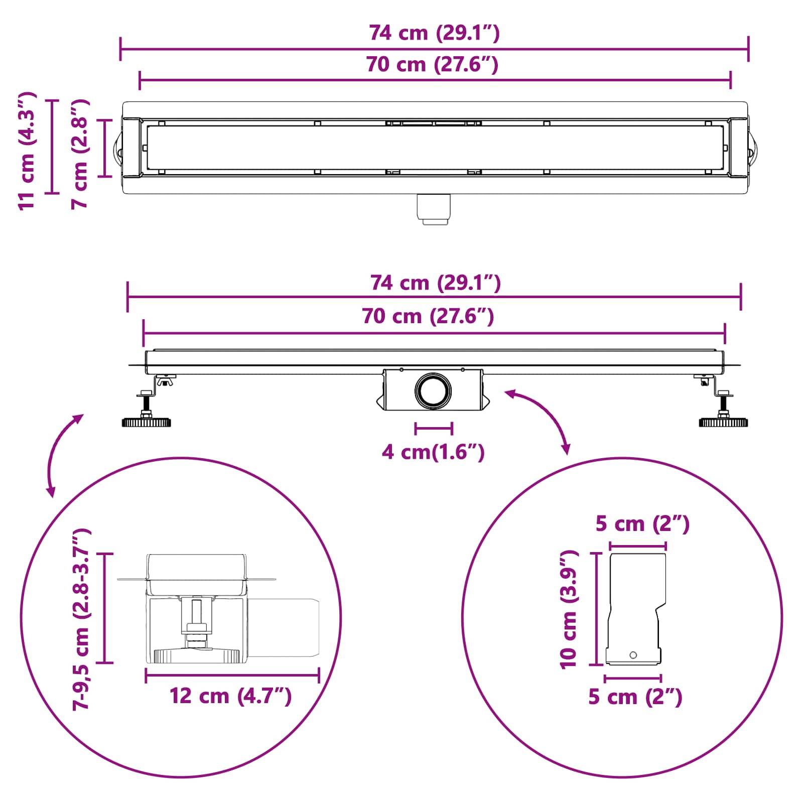 vidaXL 2 in 1 Duschabfluss Silber 70 cm Edelstahl 304