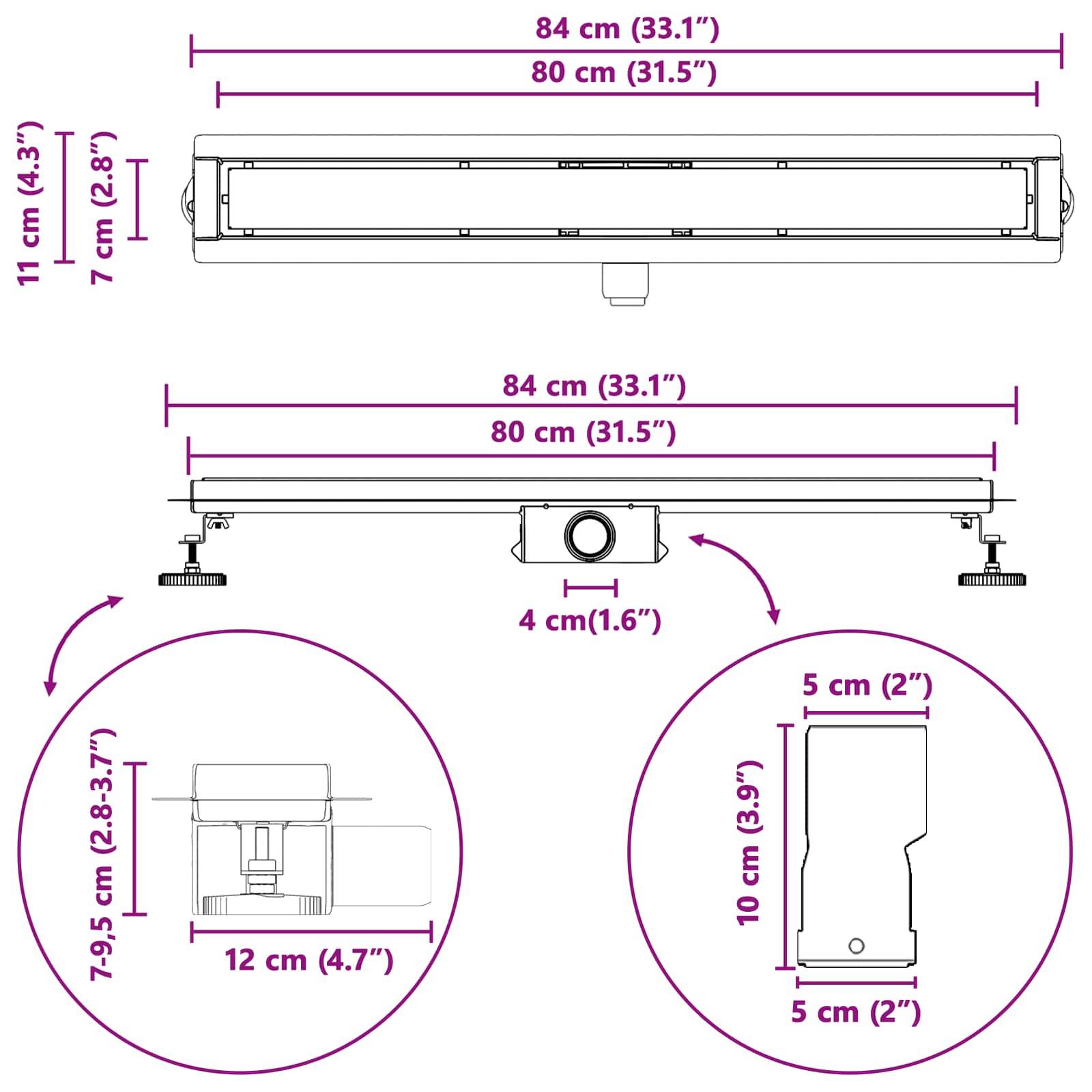 Diagramm einer Lichtleiste mit Abmessungen: Länge 84 cm (33,1 Zoll), Höhe 4 cm (1,6 Zoll). Verstellbare Halterungen reichen von 80 cm (31,5 Zoll) bis 84 cm (33,1 Zoll).