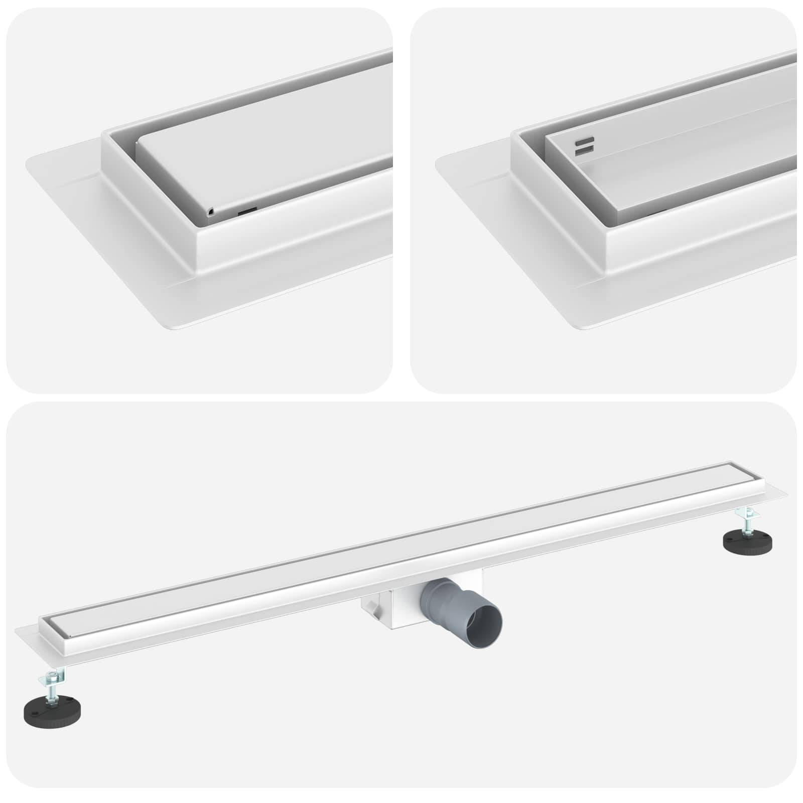 Verstellbares lineares Entwässerungssystem mit abnehmbarem Deckel und zwei Nivellierungsfüßen, geeignet für verschiedene Installationen.