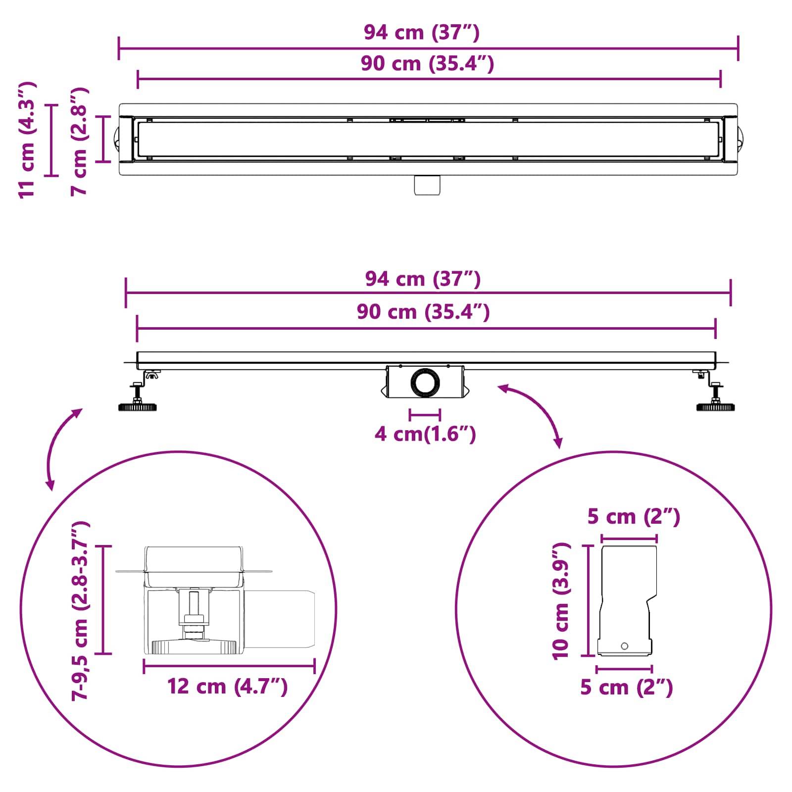vidaXL 2 in 1 Duschabfluss Silber 90 cm Edelstahl 304