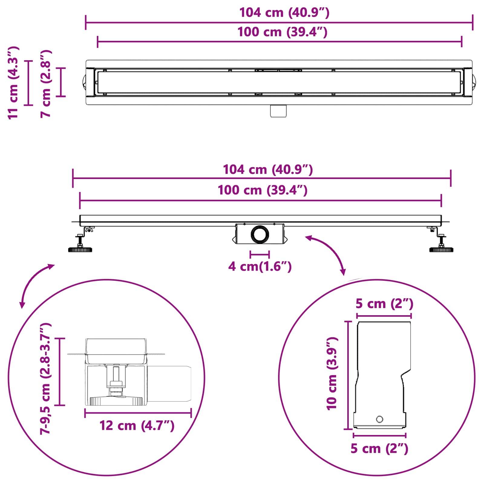 Die Abmessungen eines elektronischen Geräts sind angegeben. Breite: 104 cm (40,9
