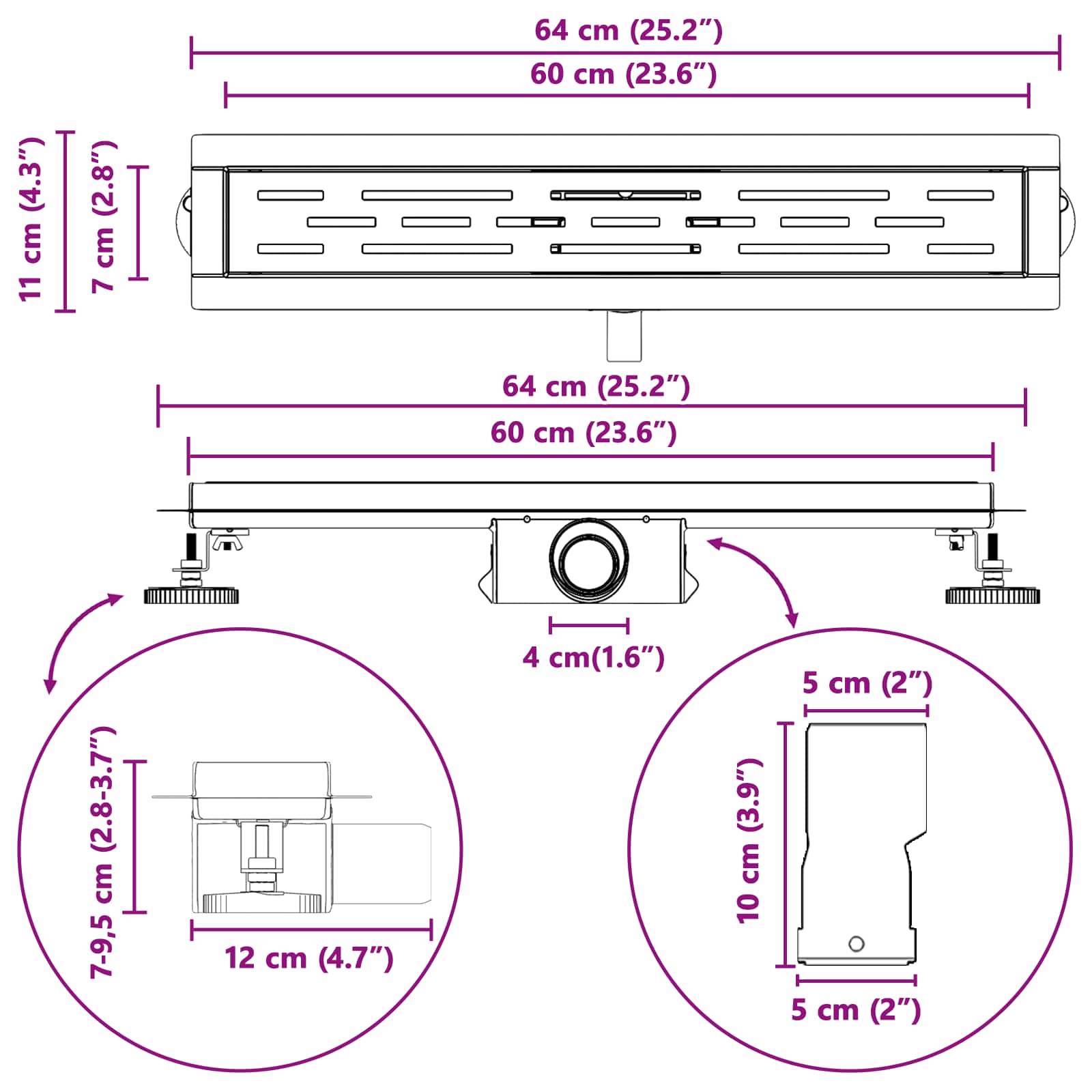 Maße der Duschablaufrinne: 64 cm (25,2