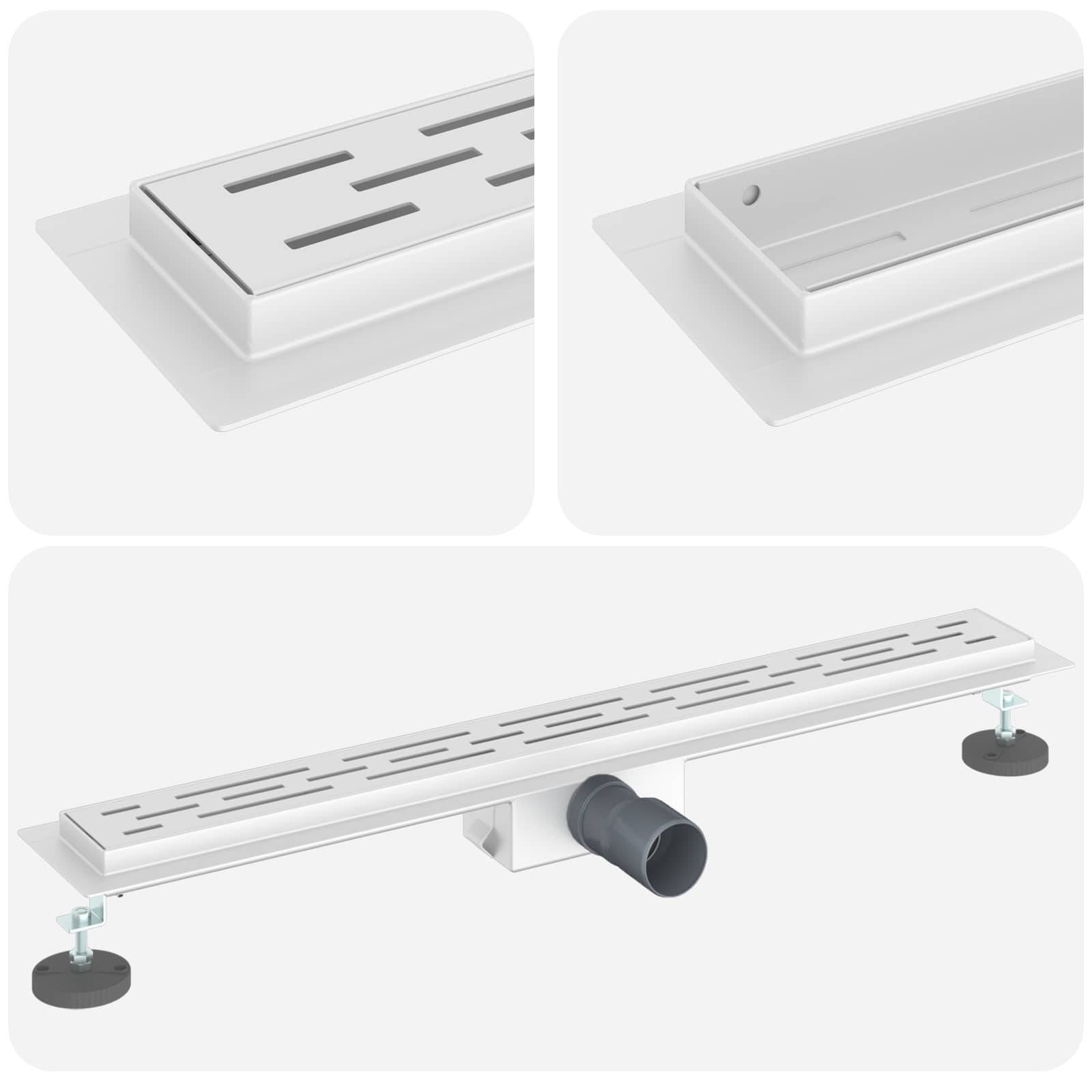 Das Bild zeigt einen linearen Duschablauf mit modernem Design, der eine geschlitzte Abdeckung und verstellbare Füße zur Installation aufweist.