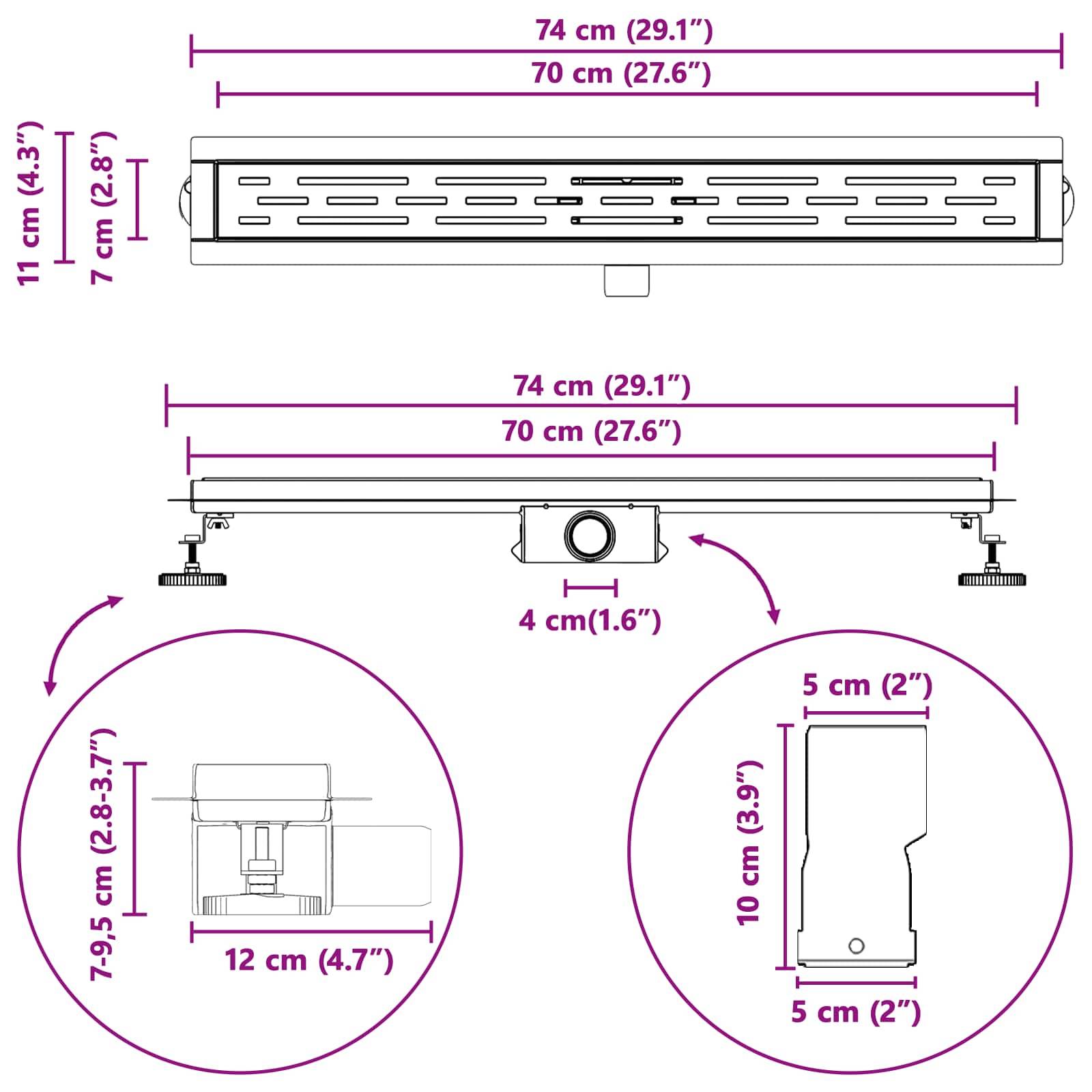 Die Abbildung zeigt ein Duschablaufdiagramm mit Maßen: 74 cm Länge, 11 cm Höhe, 7 cm Breite mit Rohr- und Befestigungsdetails.