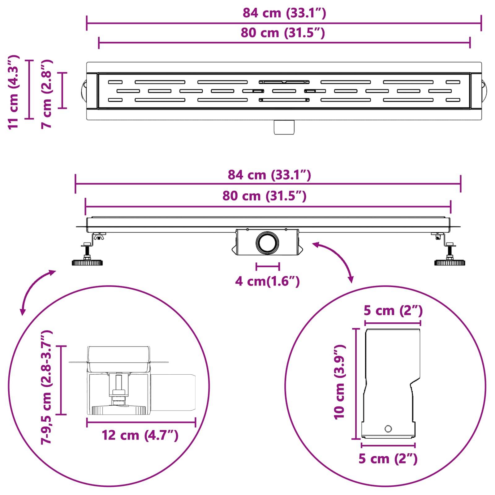 Diagramm mit Abmessungen eines linearen Duschablaufs: 84 cm (33,1