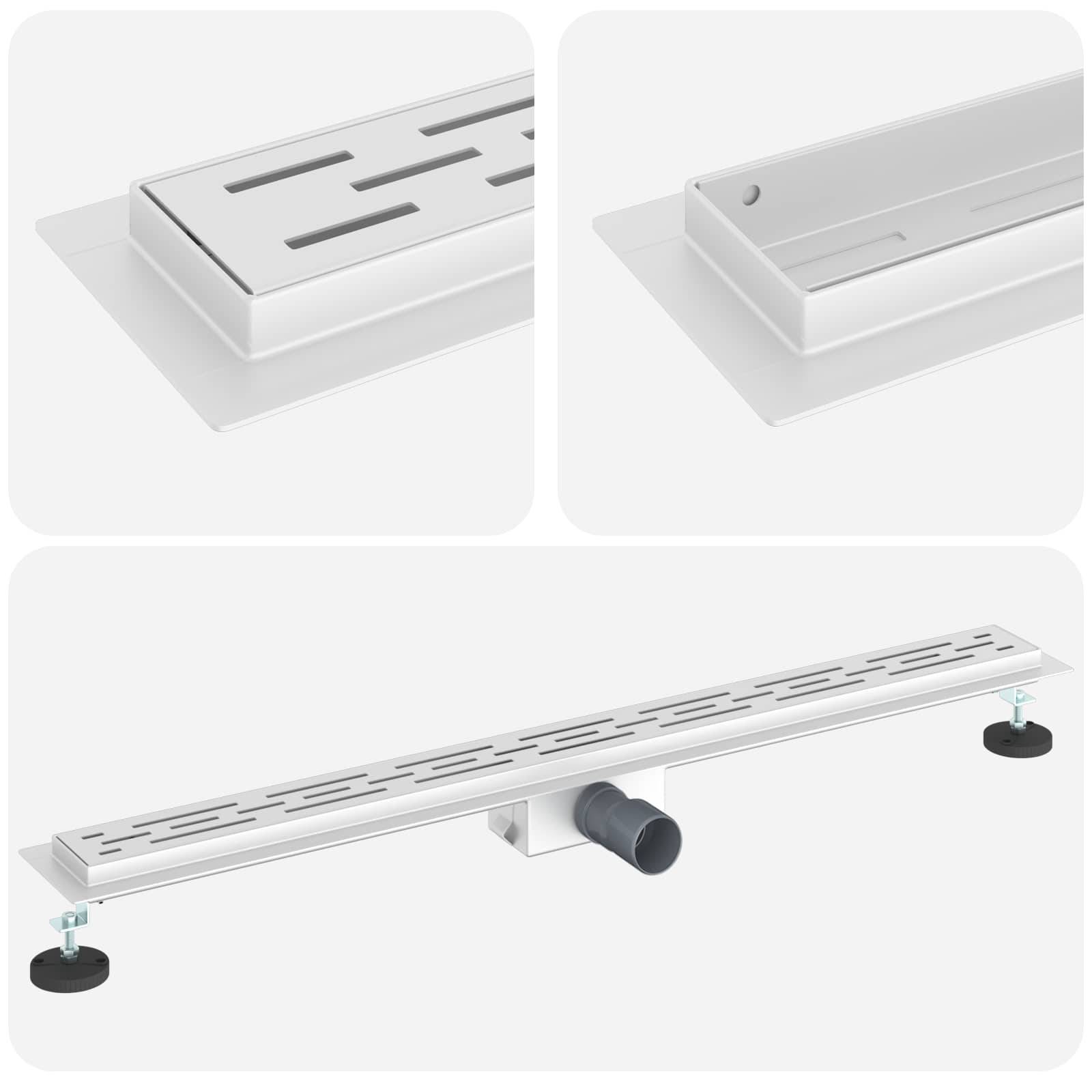 Linearer Duschablauf mit geschlitztem Rost-Design, verstellbaren Füßen für die Installation und zentralem Wasserablauf. Geeignet für moderne Badezimmer.