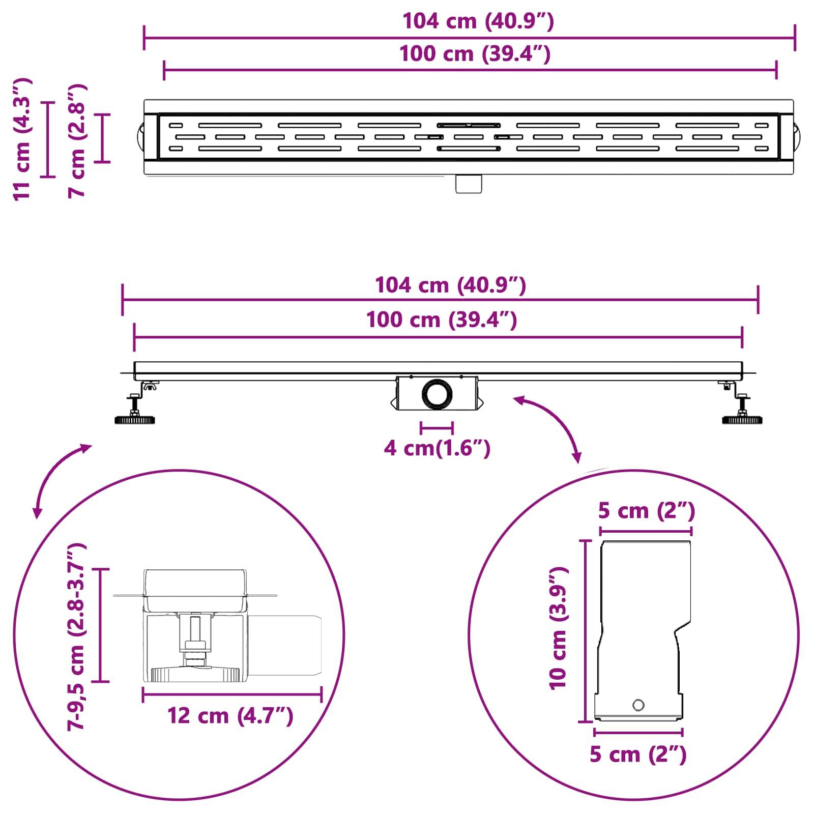 Technische Zeichnung mit Abmessungen eines rechteckigen Belüftungssystems: 104 cm (40,9