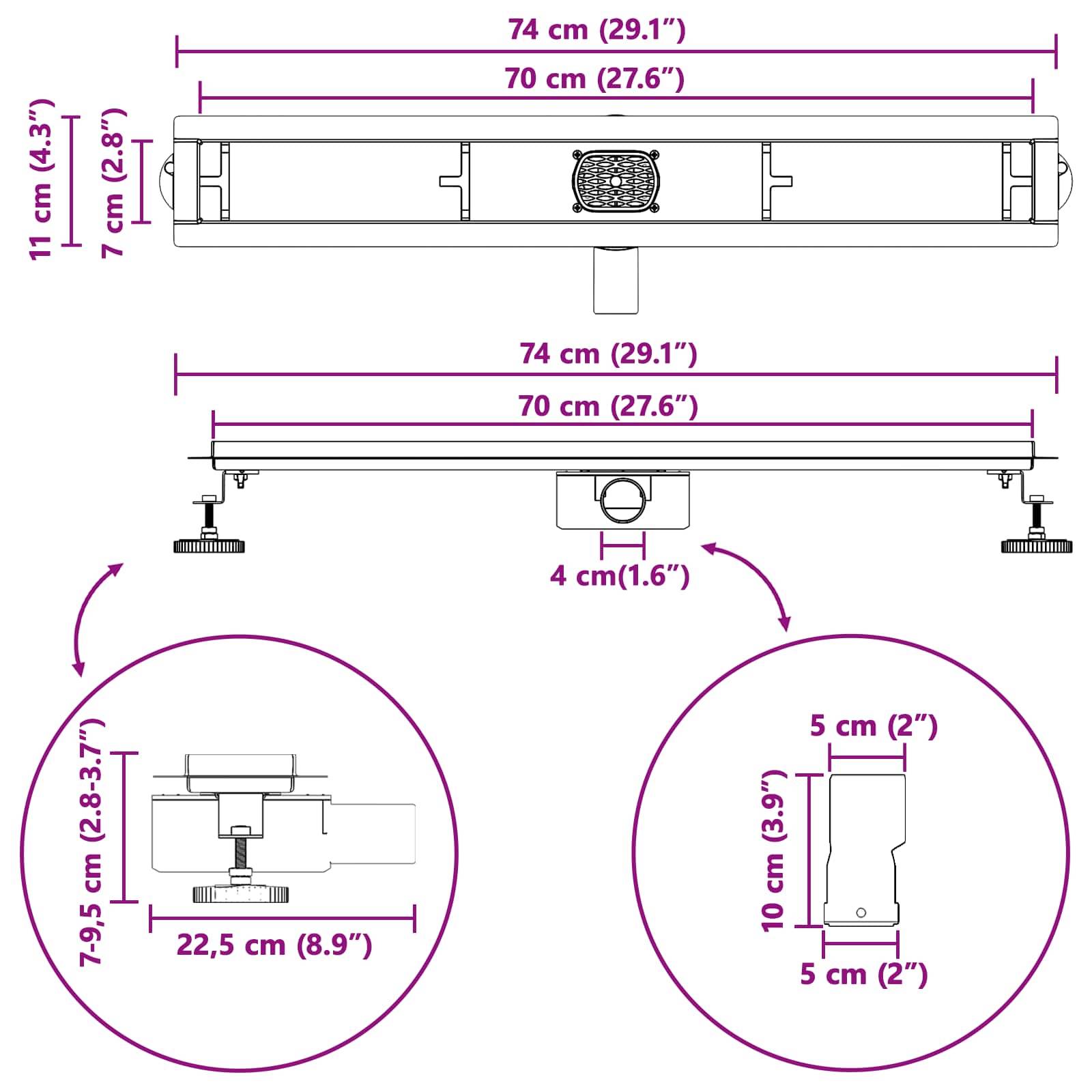 Diagramm mit den Abmessungen eines Geräts: 74 cm (Breite), 11 cm (Höhe) und 7 cm (Tiefe). Zusätzliche Maßangaben und Ansichten sind detailliert dargestellt.