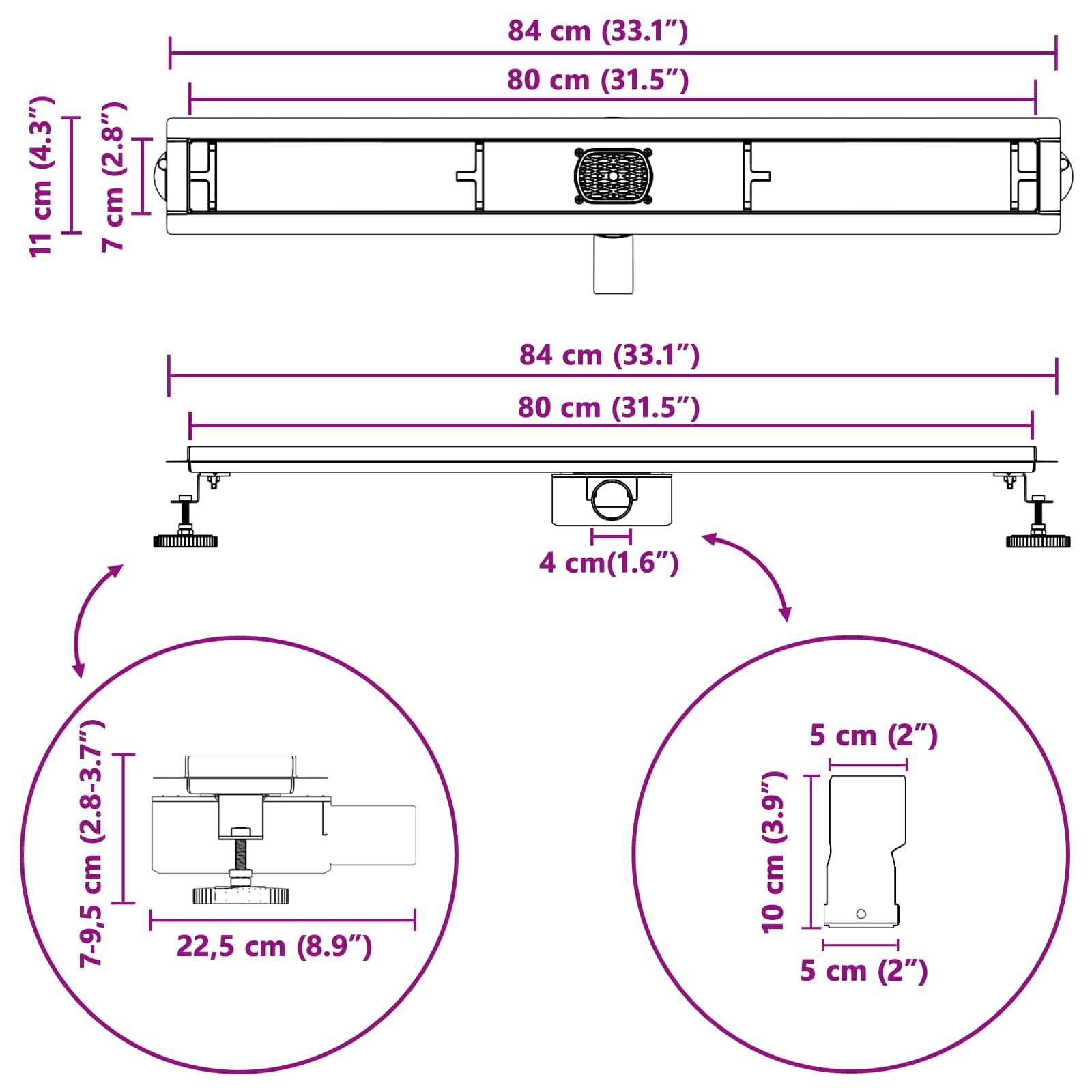 Diagramm mit Abmessungen des Wandlautsprechers: Breite 84 cm (33,1