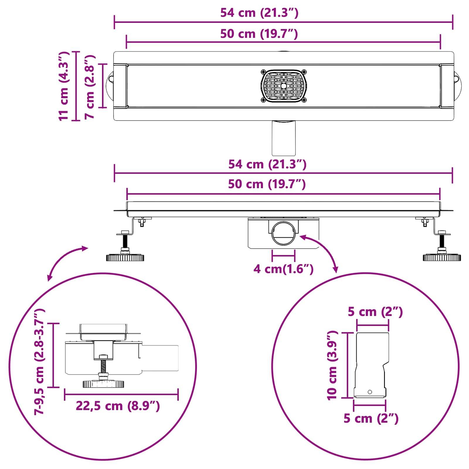 vidaXL Duschabfluss mit Glashülle und 360° Siphon Silber 50 cm
