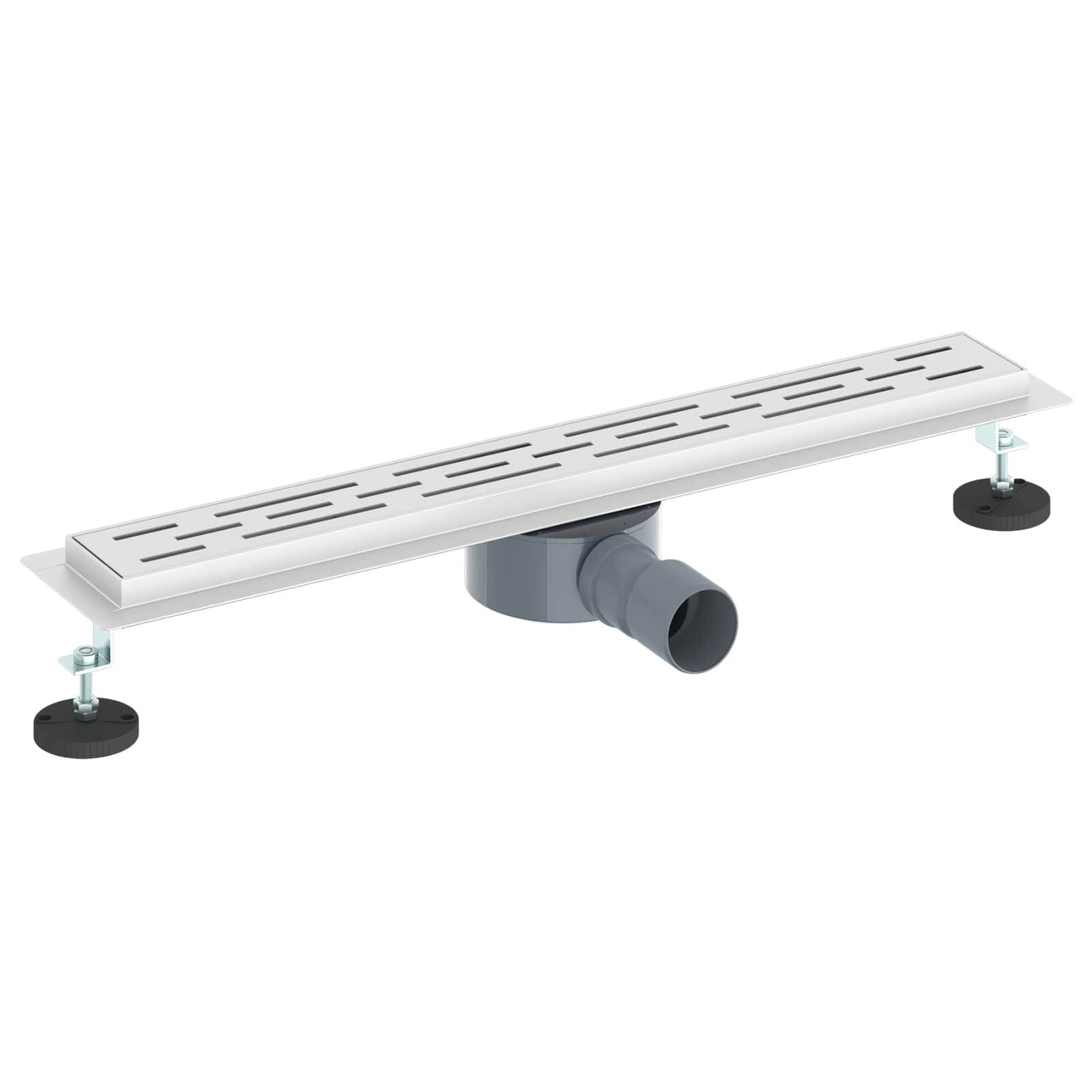 Ein schlanker, horizontaler linearer Duschablauf mit geschlitztem Gitterdesign, verstellbaren Beinen und einem seitlichen Ablauf für die Rohrleitungsverbindung.