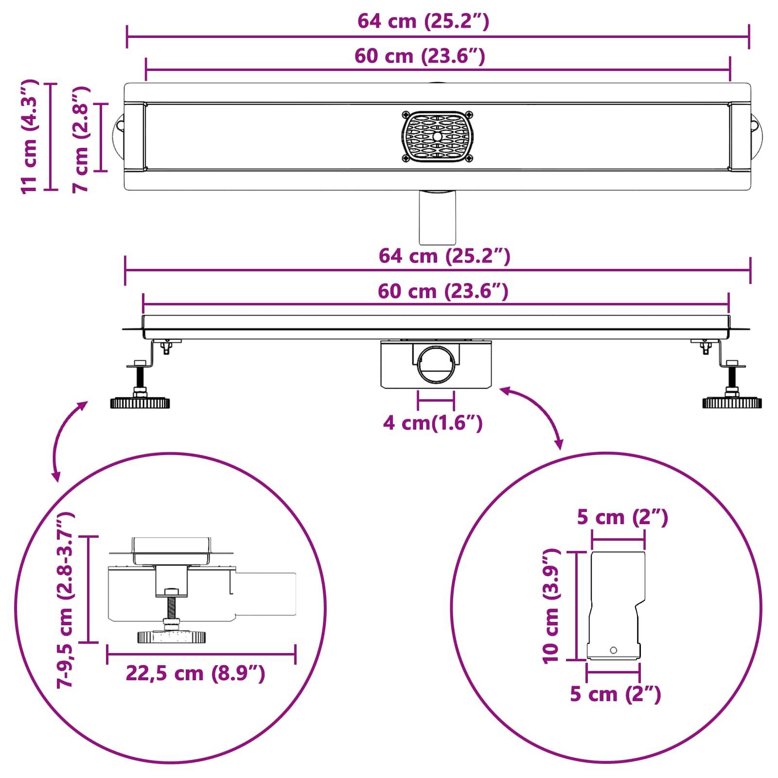 vidaXL Duschabfluss mit Glashülle und 360° Siphon Silber 60 cm