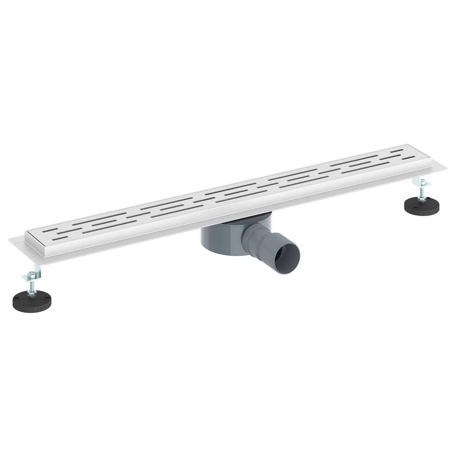 Ein schlanker linearer Duschablauf mit verstellbaren Füßen und horizontalem Ablauf, entwickelt für eine effiziente Wasserableitung in modernen Badezimmern.