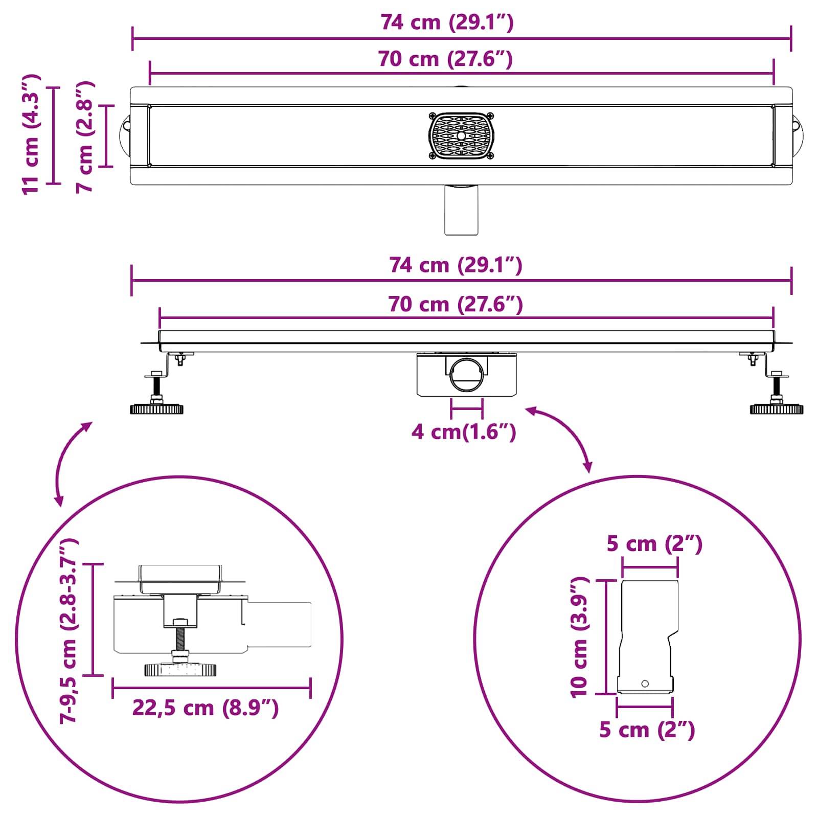 vidaXL Duschabfluss mit Glashülle und 360° Siphon Silber 70 cm