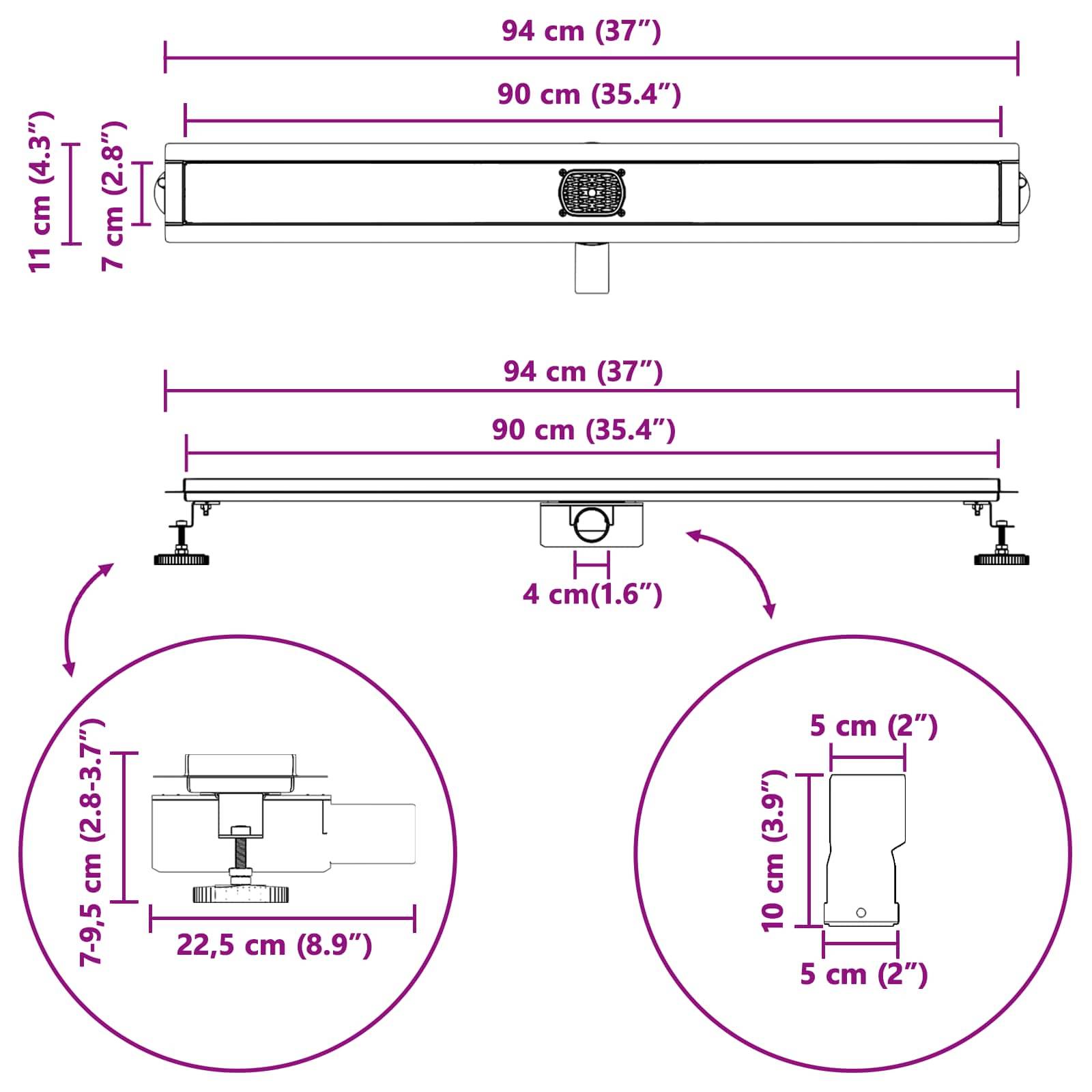 vidaXL Duschabfluss mit Glashülle und 360° Siphon Silber 90 cm