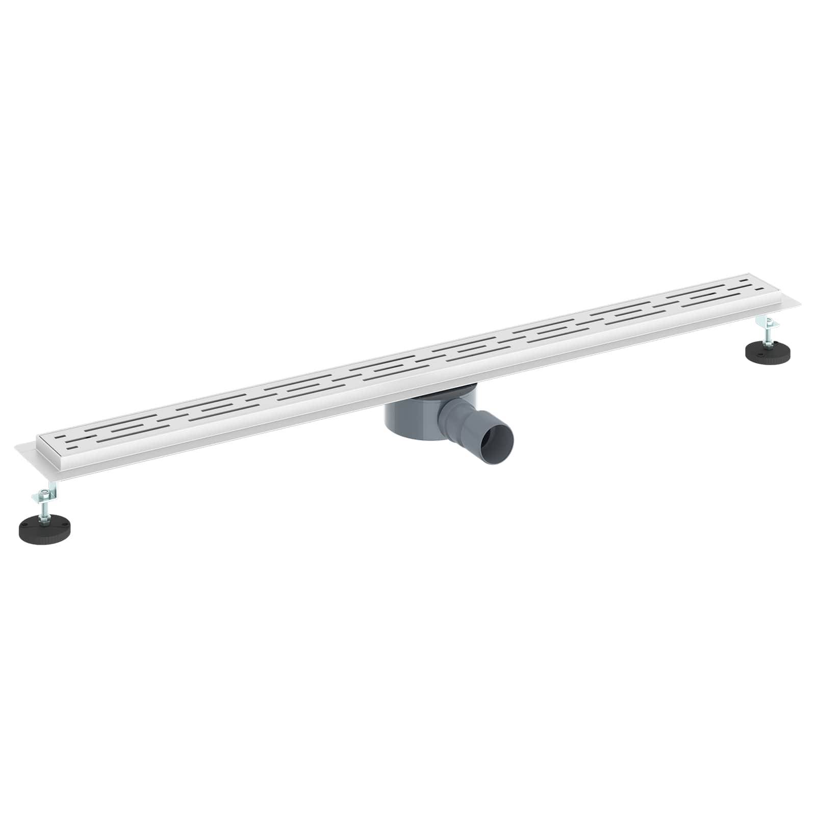 Eine lange rechteckige lineare Duschrinne mit einem verstellbaren zentralen Ablauf und Befestigungsfüßen, entwickelt für eine effiziente Wasserableitung im Badezimmer.