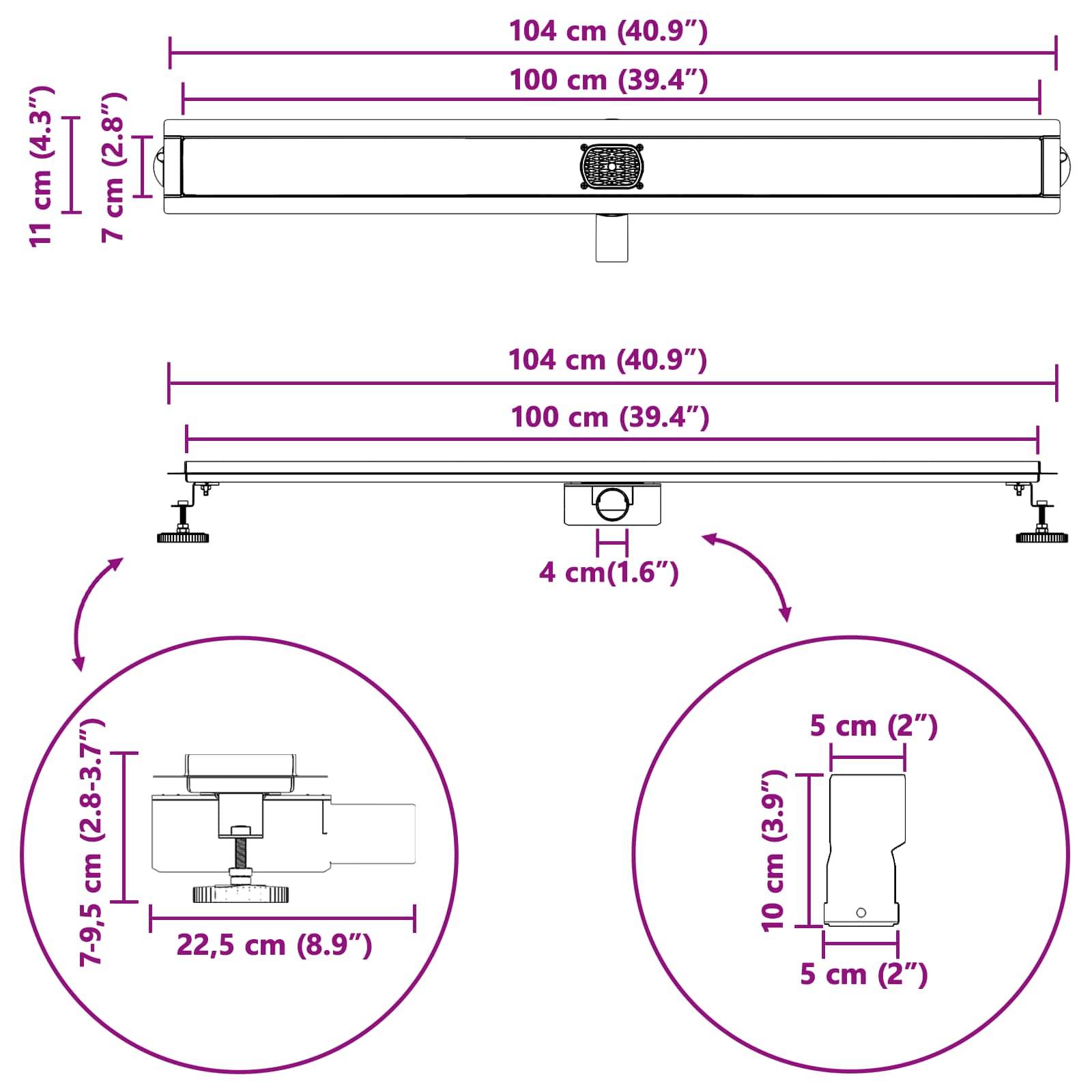 vidaXL Duschabfluss mit Glashülle und 360° Siphon Silber 100 cm