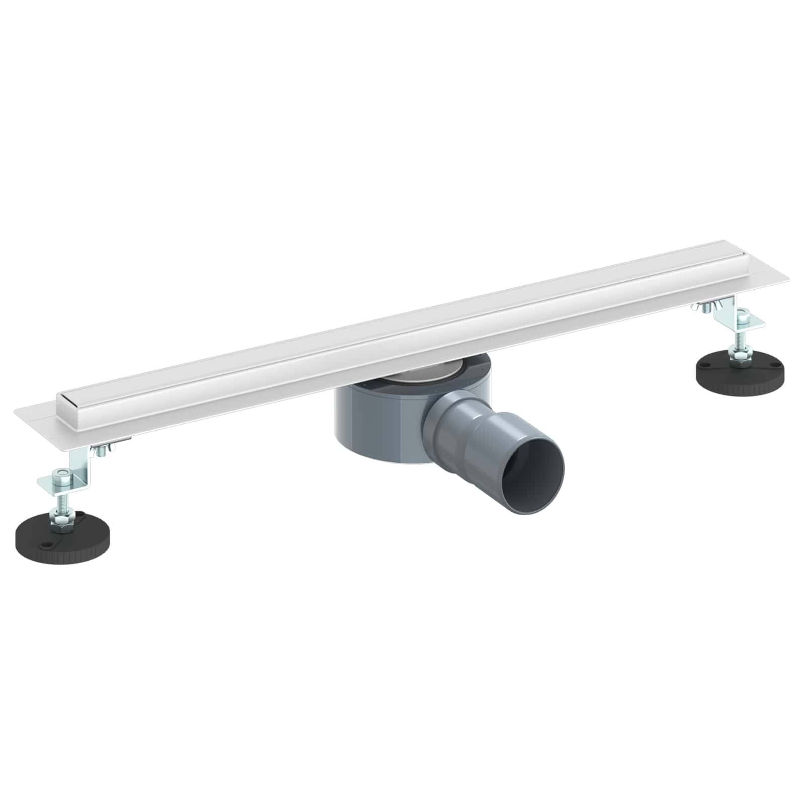 Schlanker und länglicher Duschablauf mit verstellbaren Montagefüßen und zentralem Wasserablaufrohr.