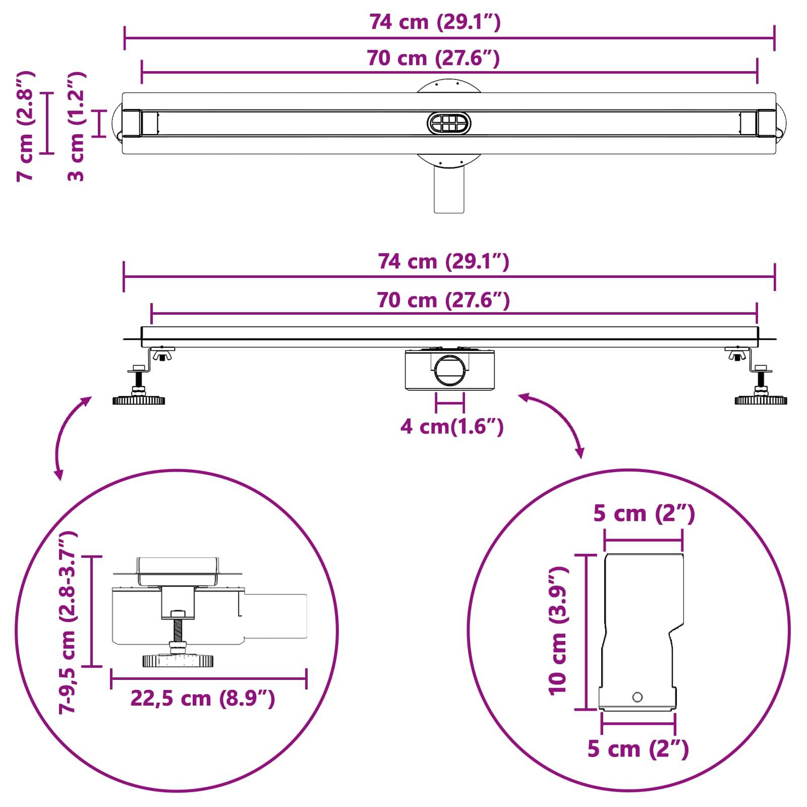 Lampenabmessungen: 74 cm Länge, 7 cm Breite, 3 cm Höhe. Verstellbare Basishöhe: 7-9,5 cm bei 22,5 cm Abstand. Erstreckt sich 5 cm hoch.