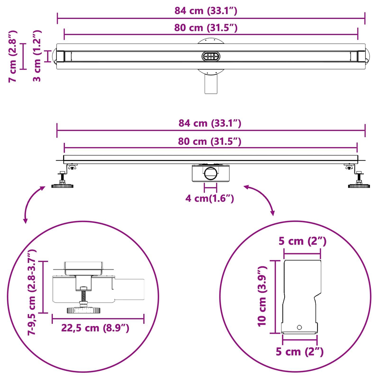 Bild zeigt Abmessungen eines Monitorlichts. Breite: 84 cm (33,1 Zoll), Basis: 22,5 cm (8,9 Zoll), Höhe verstellbar von 7 bis 9,5 cm (2,8 bis 3,7 Zoll).