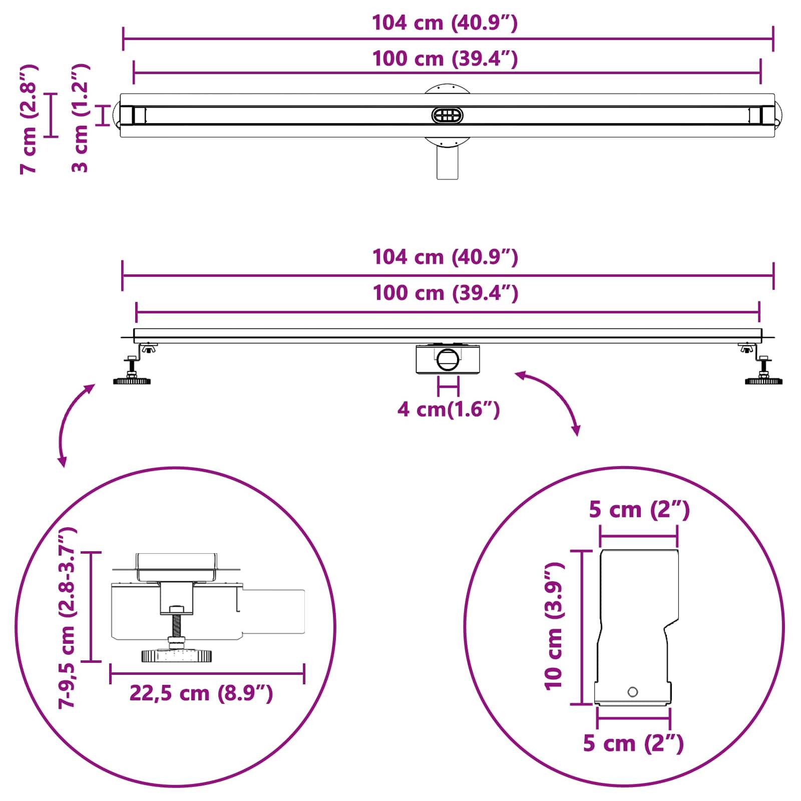Technische Zeichnung eines Objekts von oben mit Maßangaben: 104 cm breit und 4 cm hoch. Längendetails umfassen 22,5 cm und Höhen von 7 bis 9,5 cm, auch angegeben als 40,9 Zoll bei 1,6 Zoll.