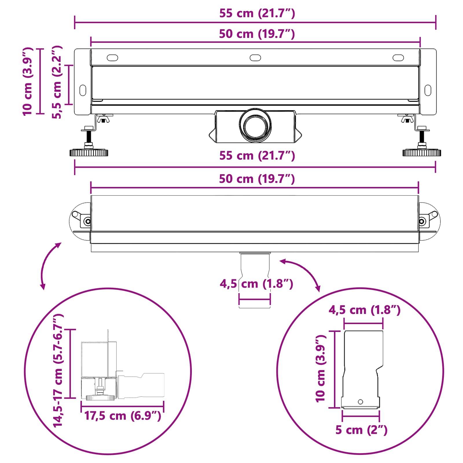 Eine Draufsicht und ein Seitenprofil einer mechanischen Vorrichtung mit den Abmessungen: 55 cm Breite, 10 cm Höhe und 17,5 cm Tiefe.