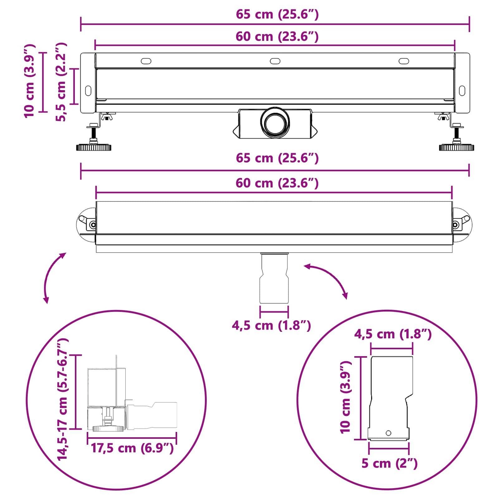 Technische Zeichnung zur Veranschaulichung der Abmessungen eines rechteckigen Geräts; Breite: 65 cm, Höhe: 10 cm, Tiefe: 5,5 cm, mit zusätzlichen Details.