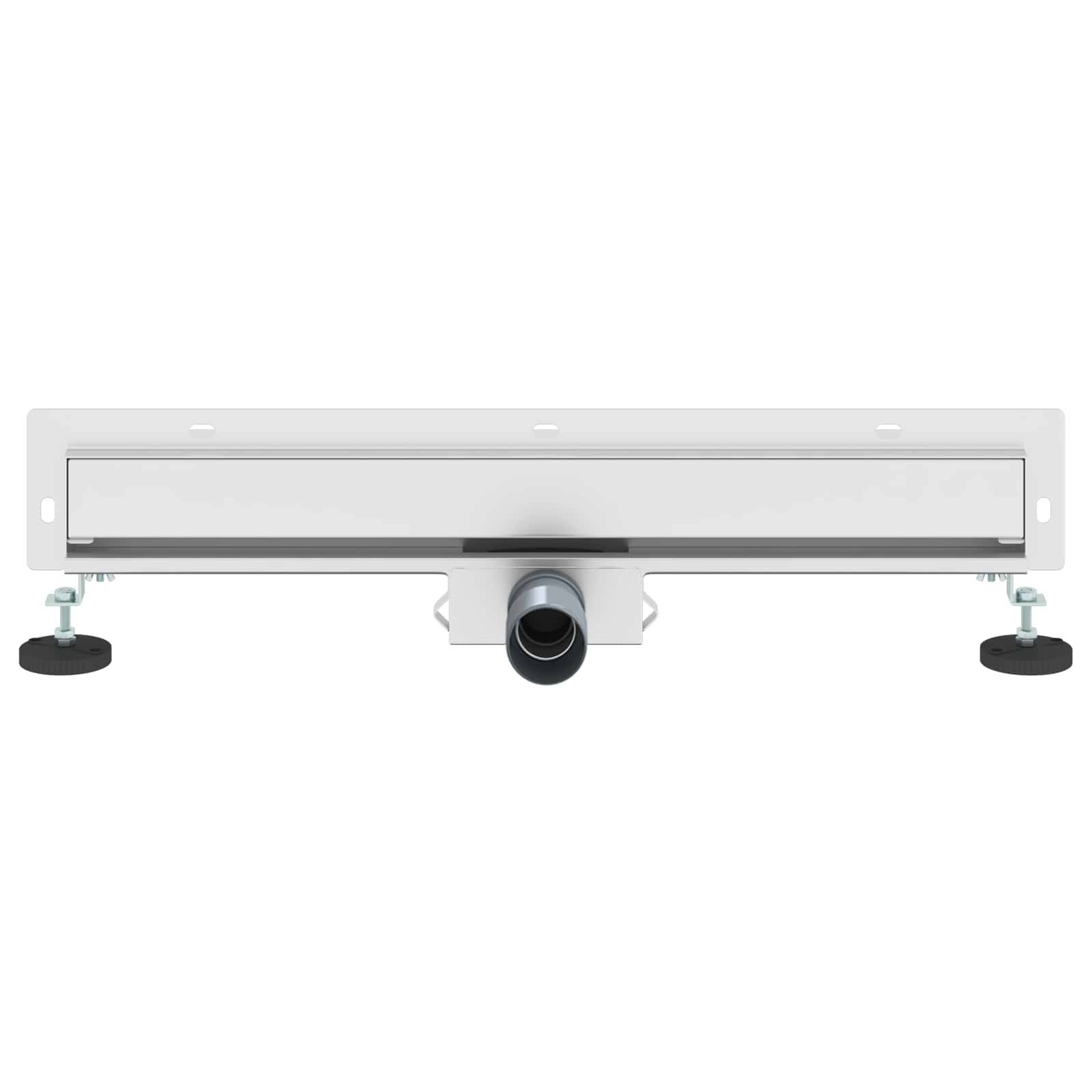 Ein schlanker, silberner Duschrinnenablauf mit einem höhenverstellbaren Rahmen und zentralem Ablaufauslass, konzipiert für eine effiziente Wasserableitung in Badezimmern.