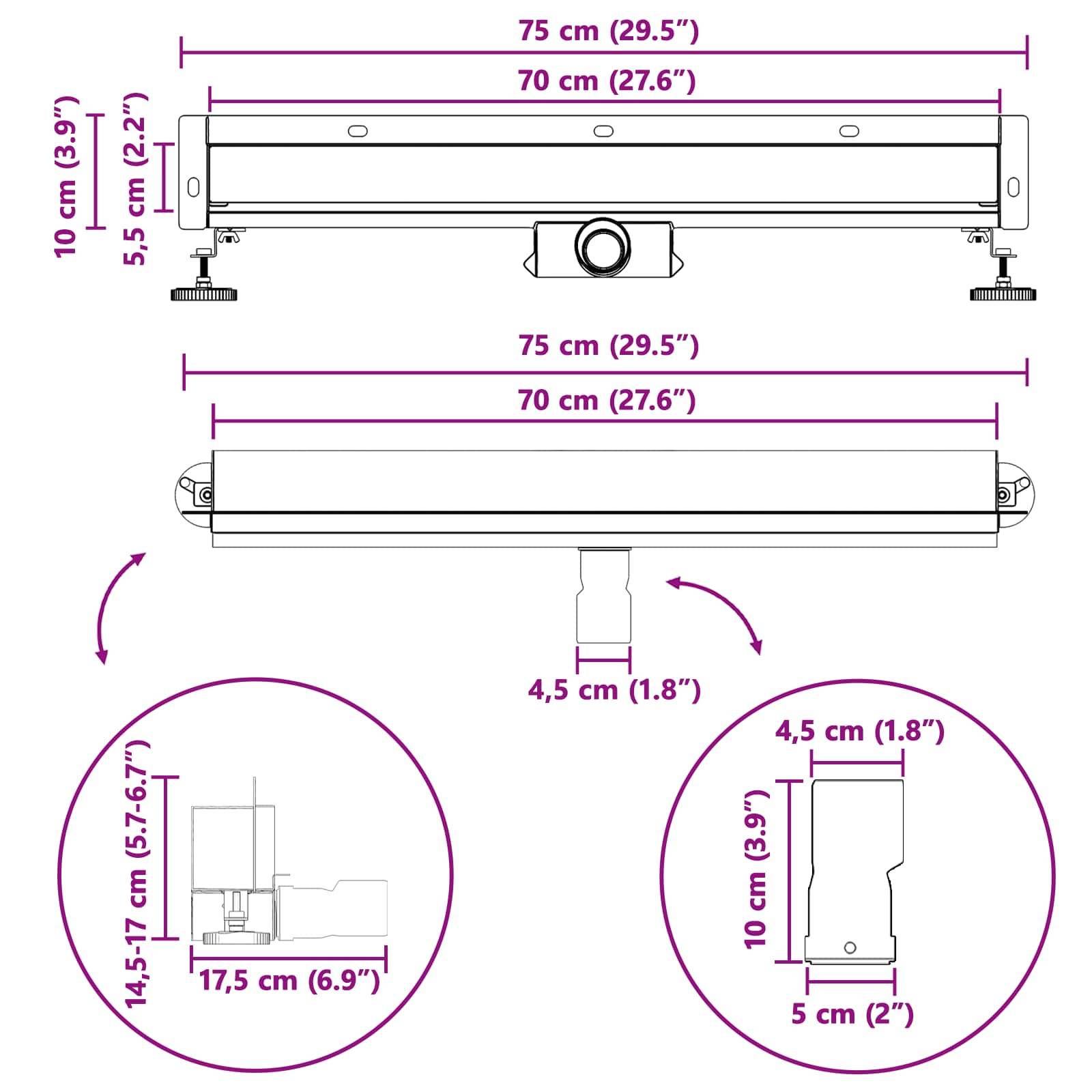 vidaXL Wandmontierter Duschablauf Silber 70 cm Edelstahl 304