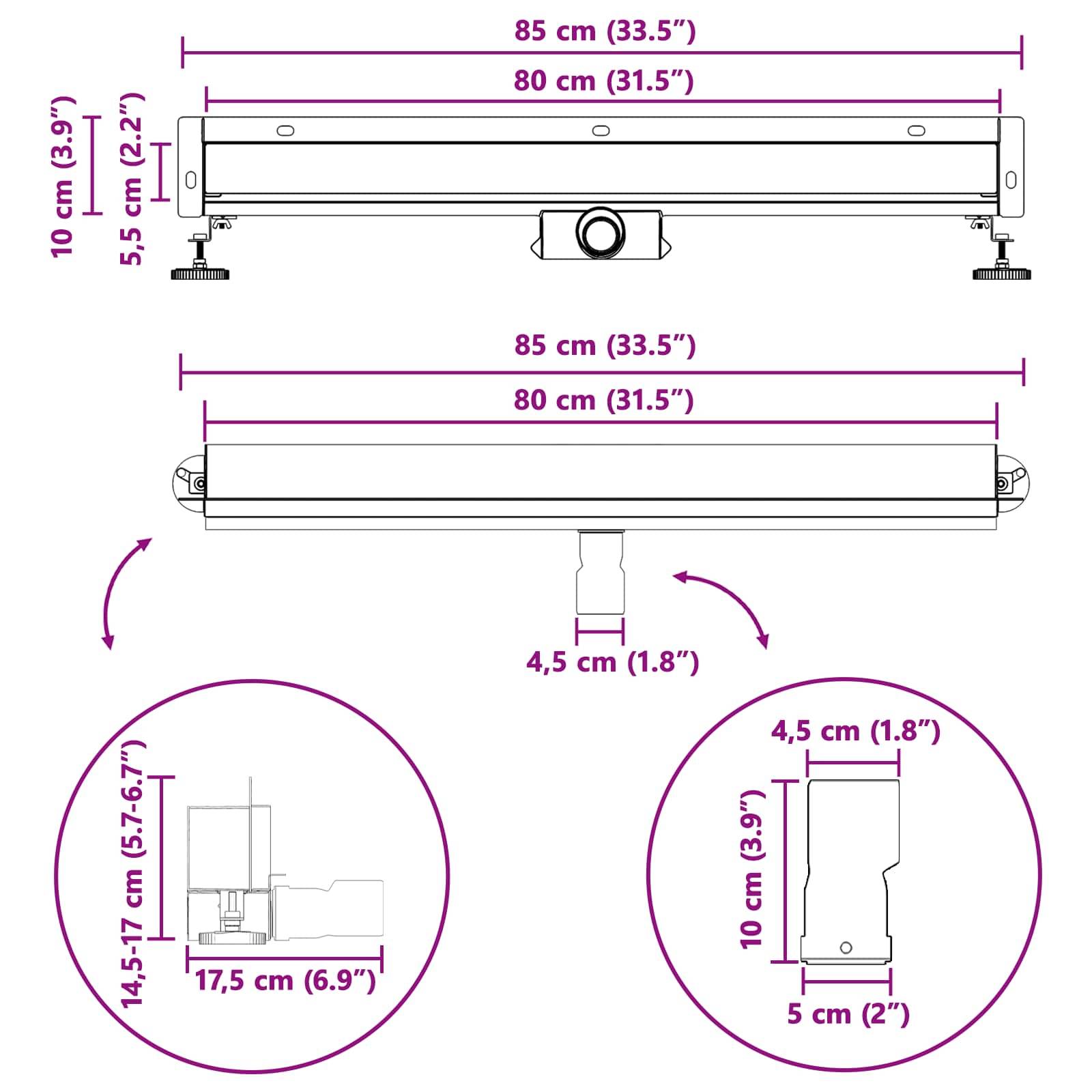 Technische Zeichnung mit Abmessungen eines rechteckigen Geräts. Breite beträgt 80 cm (31,5