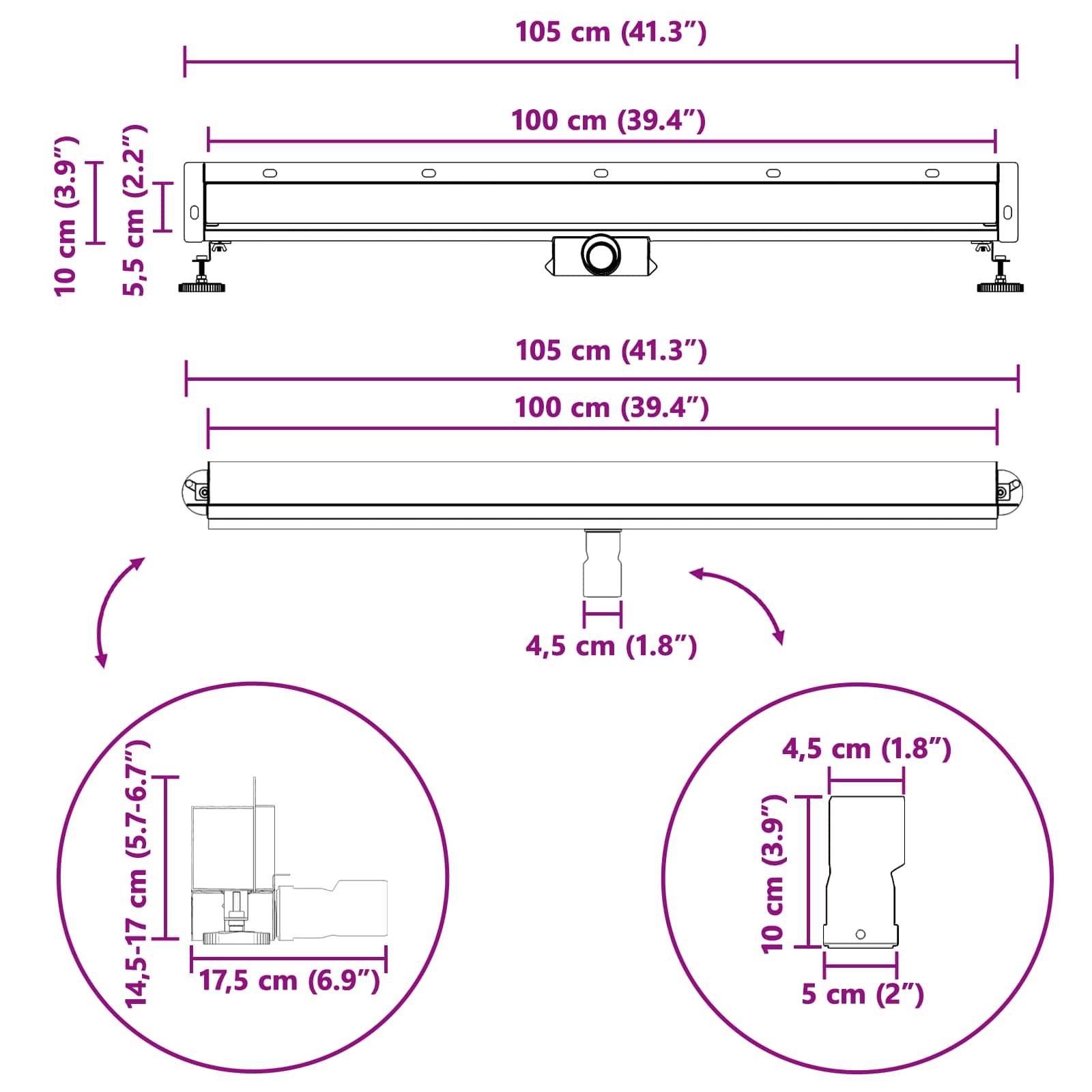 vidaXL Wandmontierter Duschablauf Silber 100 cm Edelstahl 304