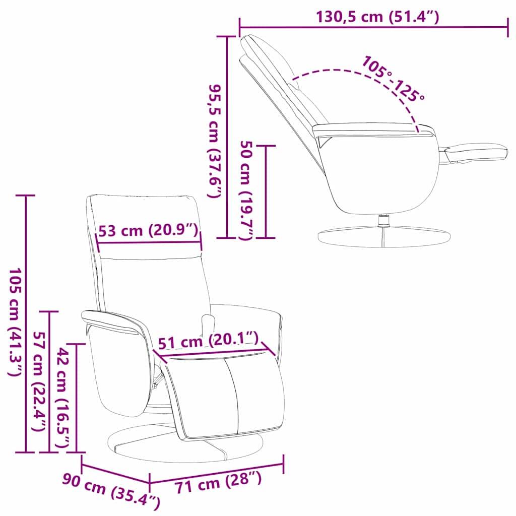 Relaxsessel-Diagramm mit Maßangaben: Sitzhöhe 42 cm, Breite 71 cm, Tiefe 90 cm. Rückenlehne 105 cm hoch, Neigungswinkel 105-125°.