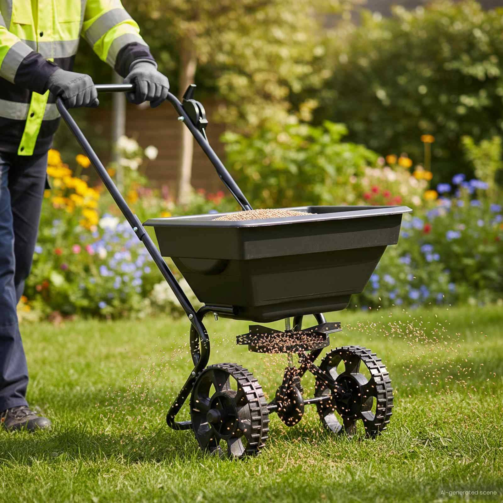 Eine Person mit reflektierender Warnweste schiebt einen Sämann über einen Rasen und verteilt Samen. Im Hintergrund sind leuchtende Blumen und Pflanzen zu sehen.